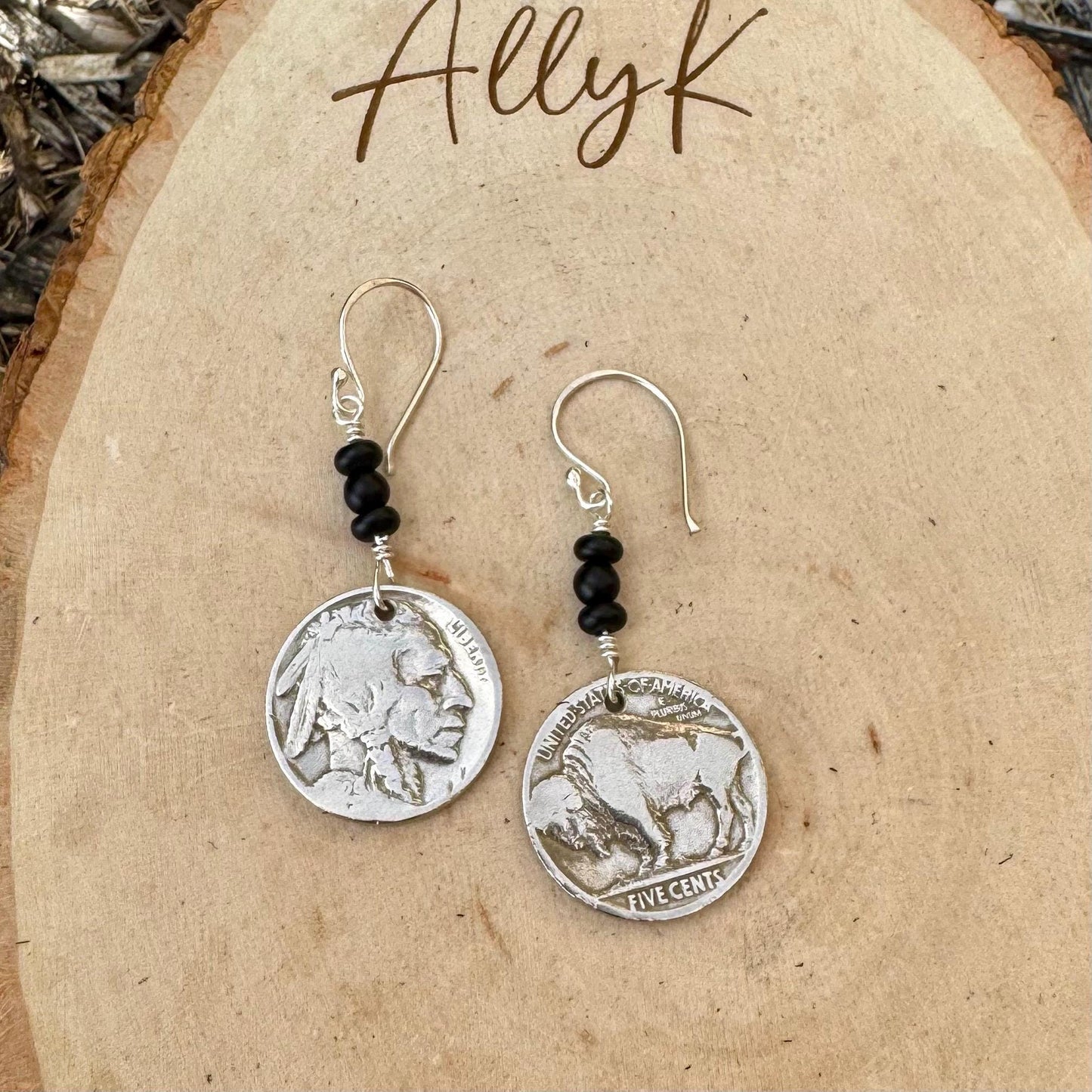 Southwestern Style Sterling Silver Earrings with Indian Buffalo Nickel and Onyx