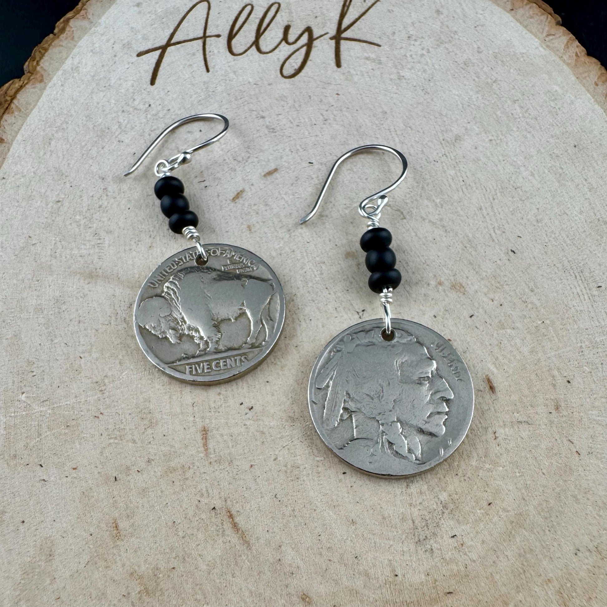 Southwestern Style Sterling Silver Earrings with Indian Buffalo Nickel and Onyx
