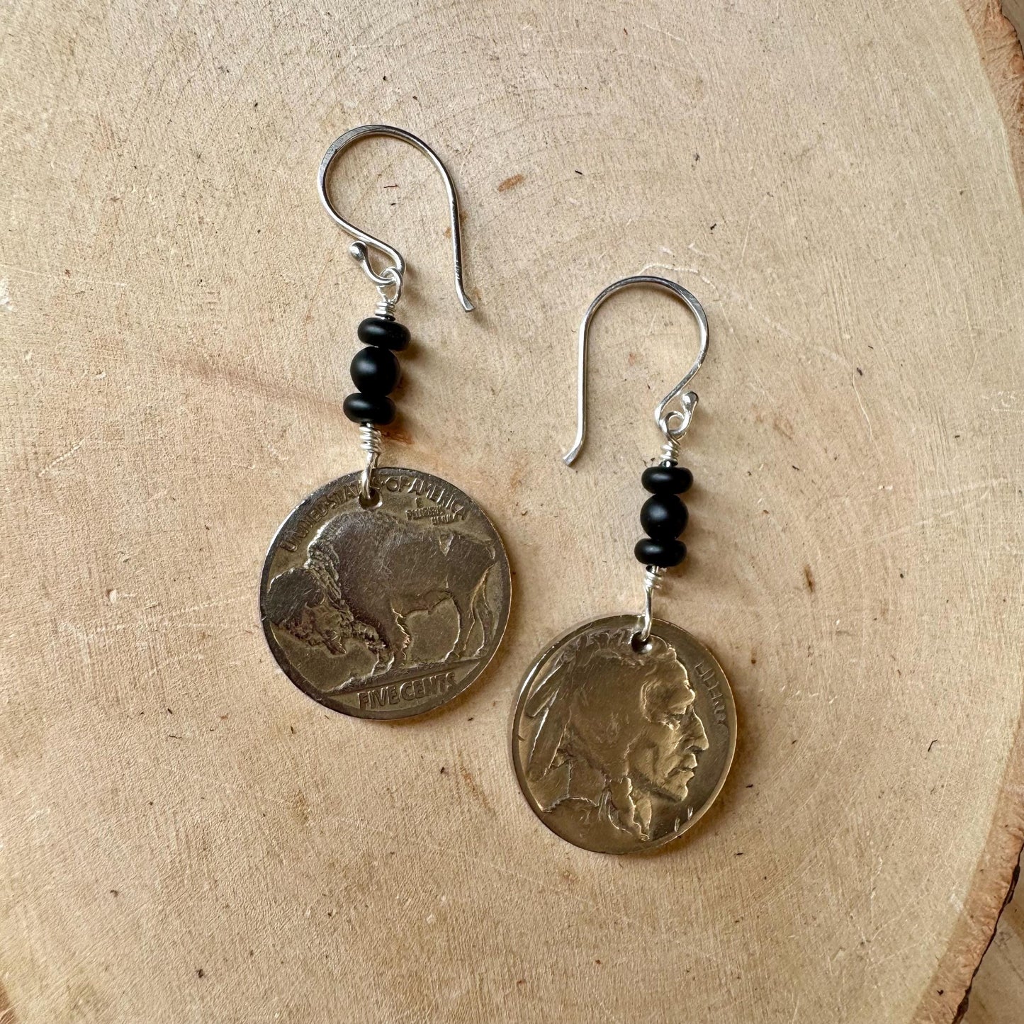 Southwestern Style Sterling Silver Earrings with Indian Buffalo Nickel and Onyx