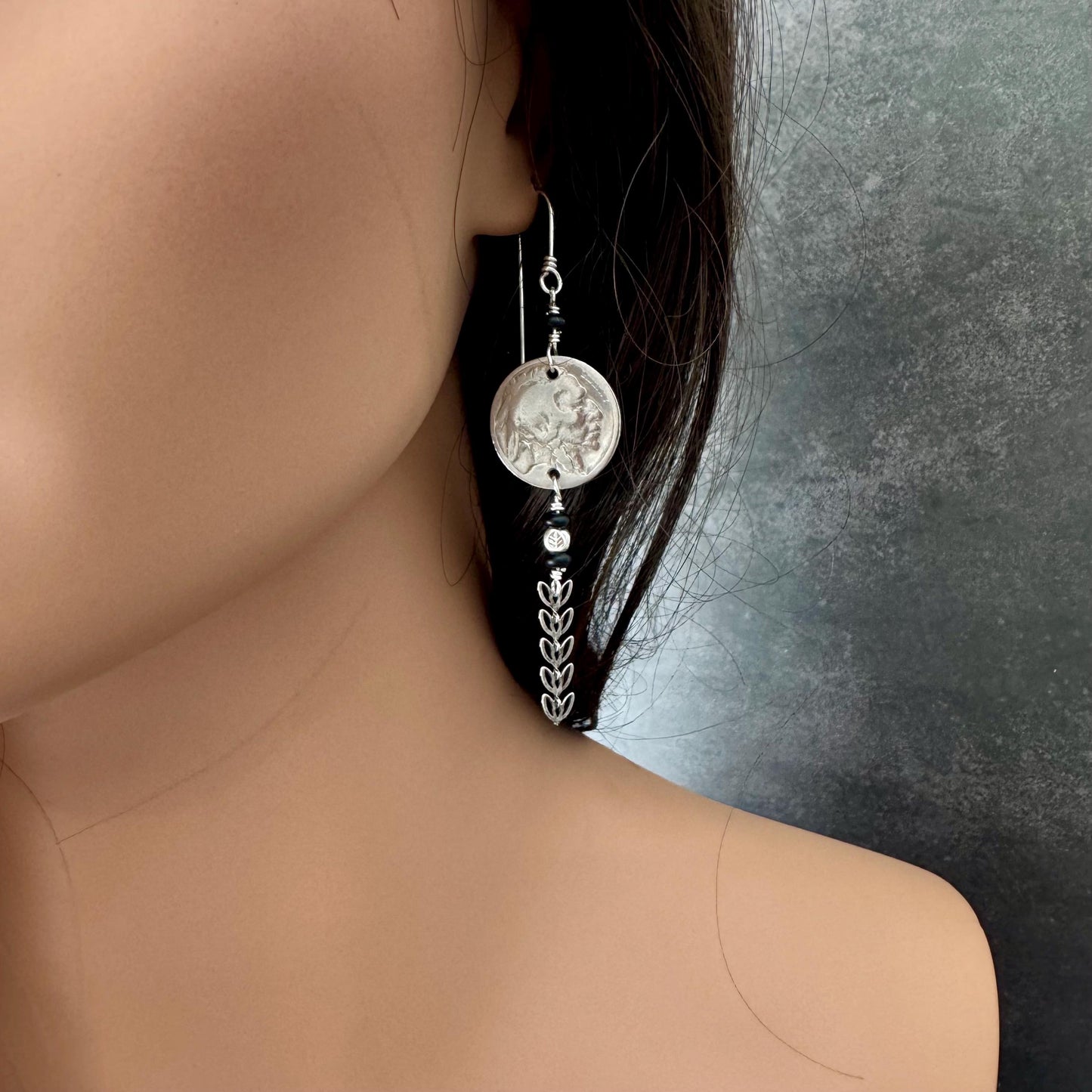 Vintage Indian Head Buffalo Nickel Earrings with Onyx Gemstones & Chevron Chain