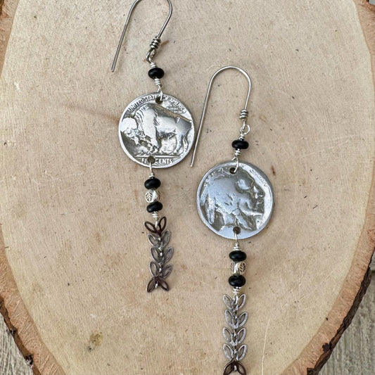 Vintage Indian Head Buffalo Nickel Earrings with Onyx Gemstones & Chevron Chain