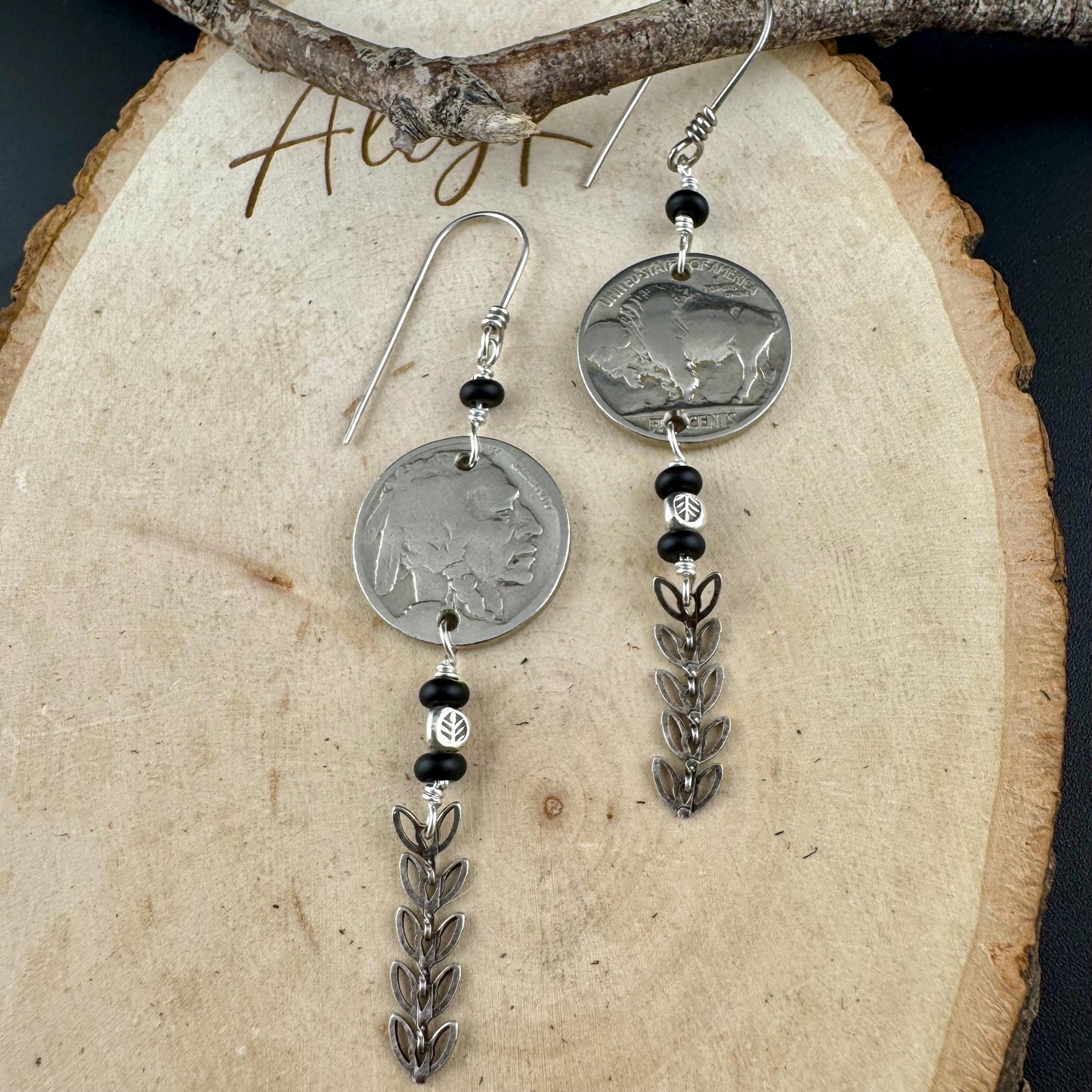 Vintage Indian Head Buffalo Nickel Earrings with Onyx Gemstones & Chevron Chain