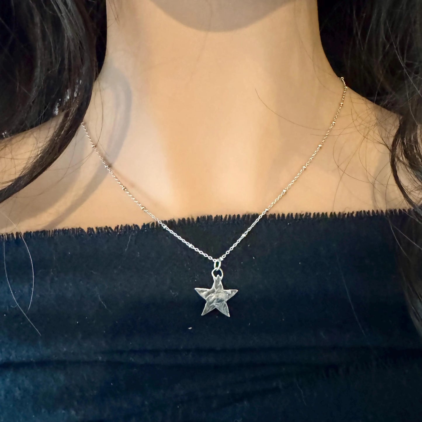 Sterling Silver Star Pendant Necklace – Hammered Charm, Delicate Satellite Chain