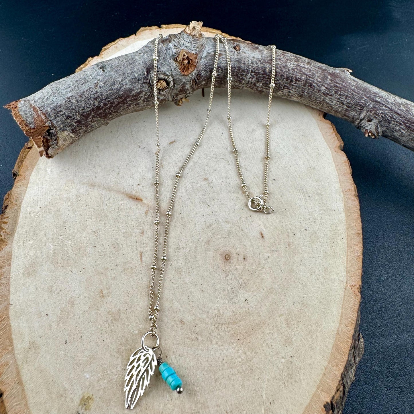 Sterling Silver Angel Wings Necklace: Turquoise Accent, Delicate Charm