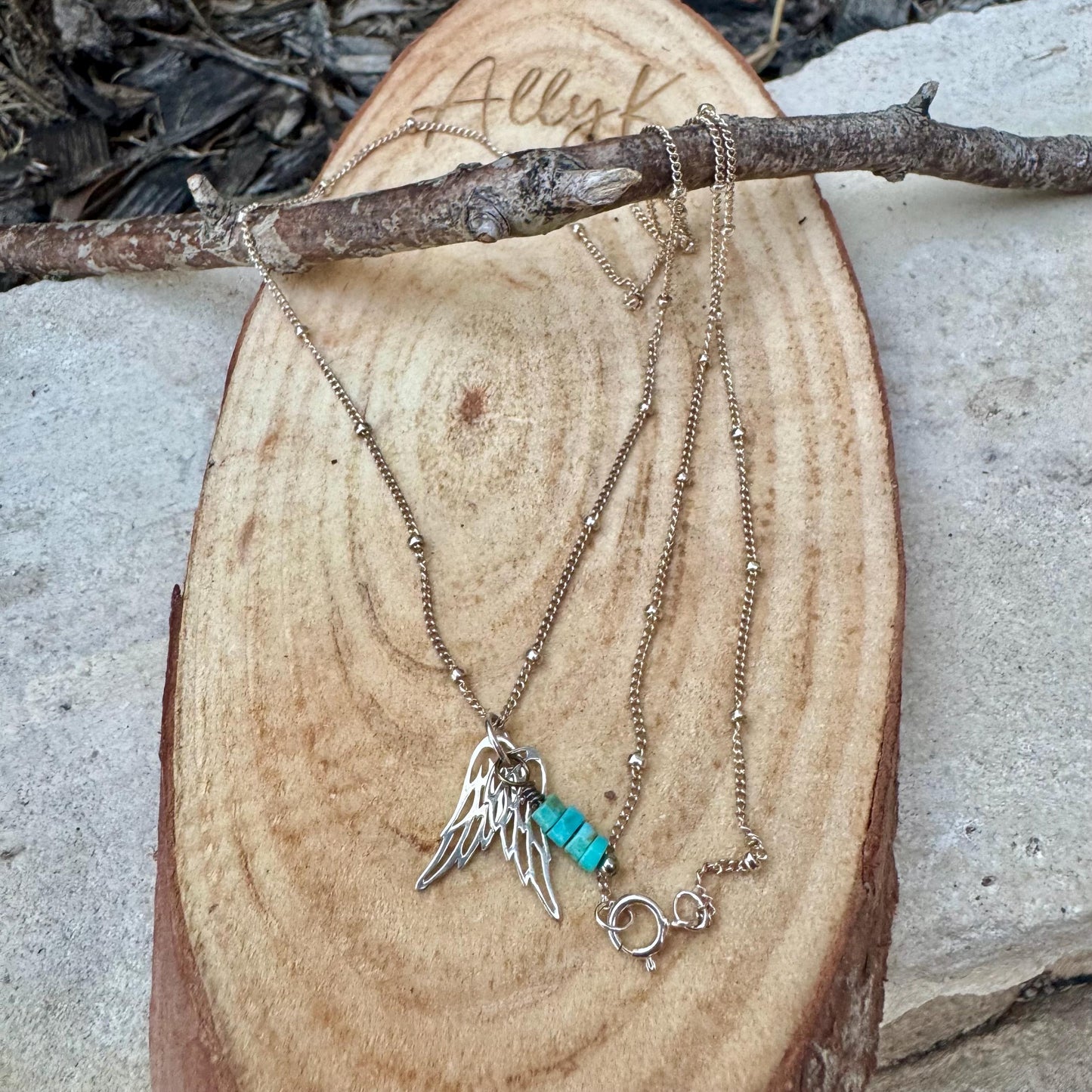 Sterling Silver Angel Wings Necklace: Turquoise Accent, Delicate Charm