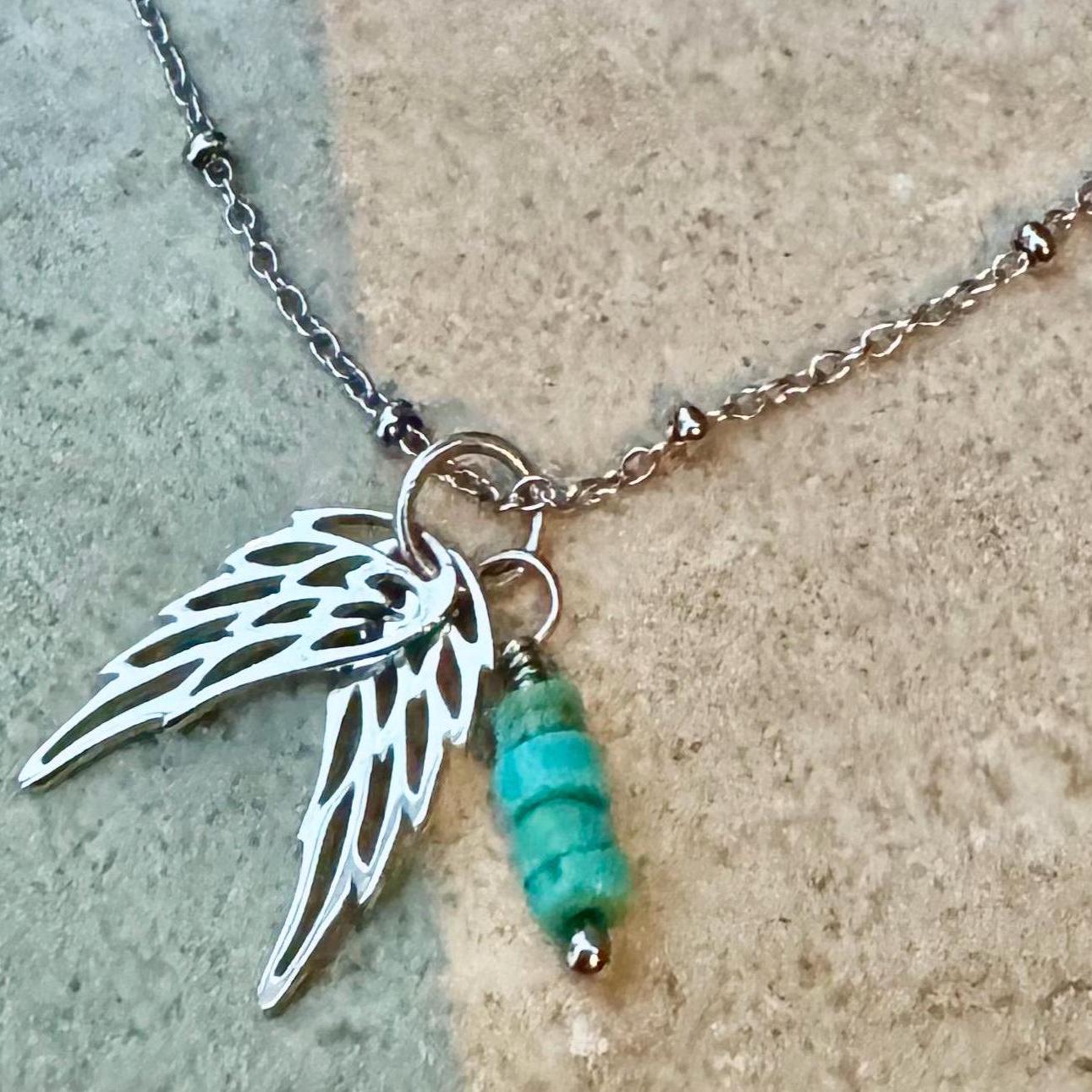 Sterling Silver Angel Wings Necklace: Turquoise Accent, Delicate Charm
