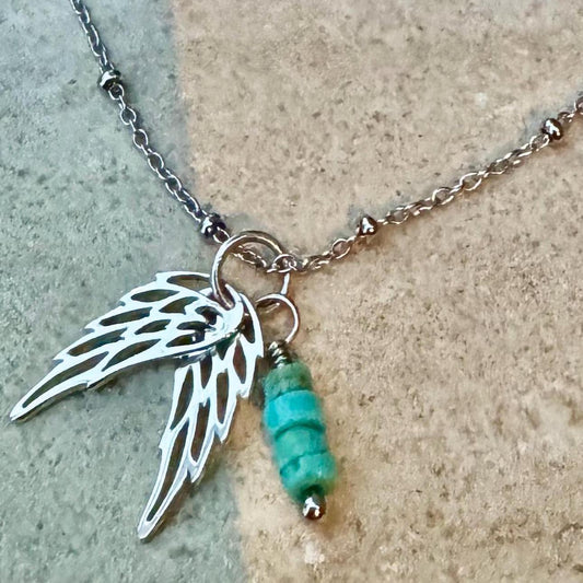 Sterling Silver Angel Wings Necklace: Turquoise Accent, Delicate Charm