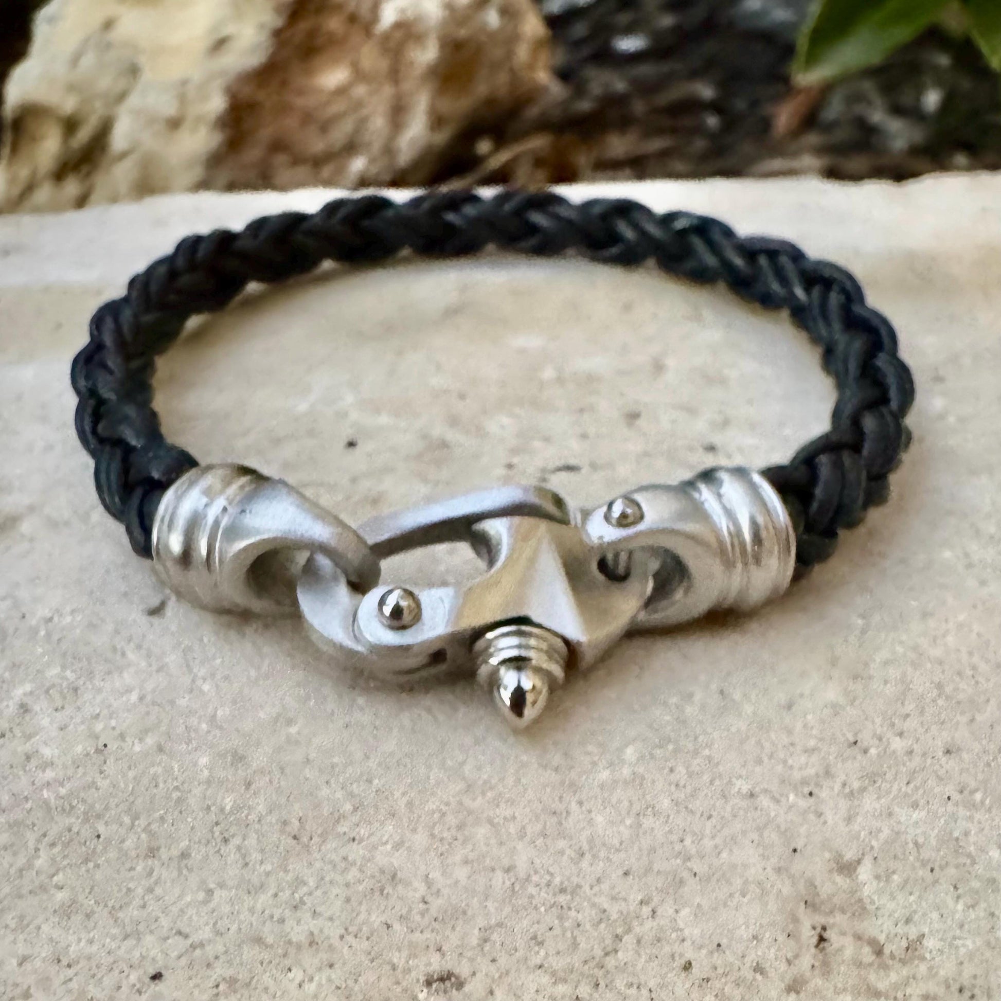 Mariner’s Clasp Black Leather Bracelet – Nautical Soul | Bolo Braided Cord + Stainless Steel