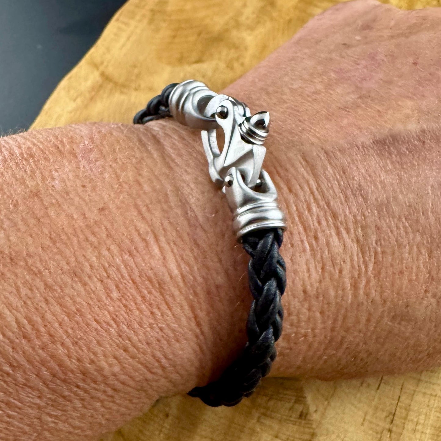 Mariner’s Clasp Black Leather Bracelet – Nautical Soul | Bolo Braided Cord + Stainless Steel