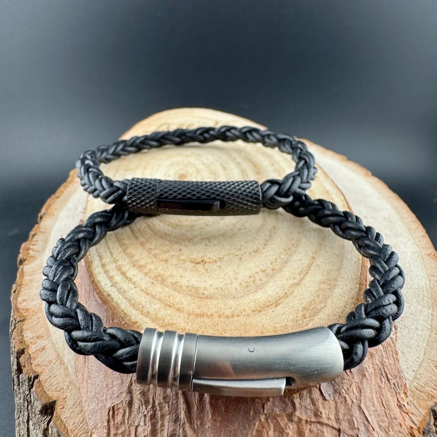 Braid Leather Bracelet for Men & Women | Black Bolo Cord with Steel Trim