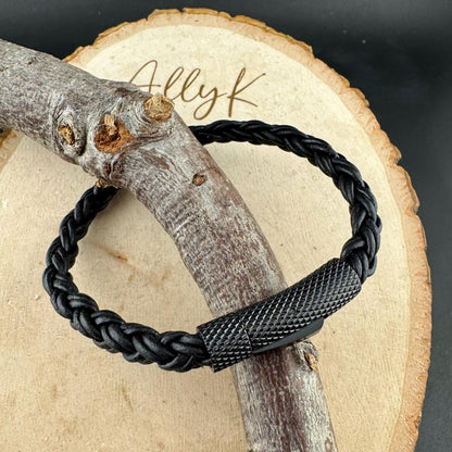 Braid Leather Bracelet for Men & Women | Black Bolo Cord with Steel Trim