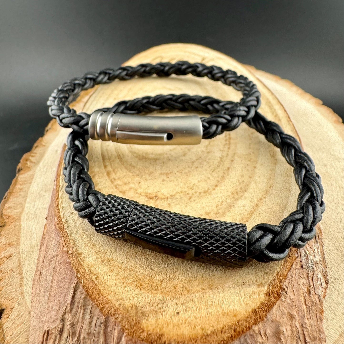 Braid Leather Bracelet for Men & Women | Black Bolo Cord with Steel Trim