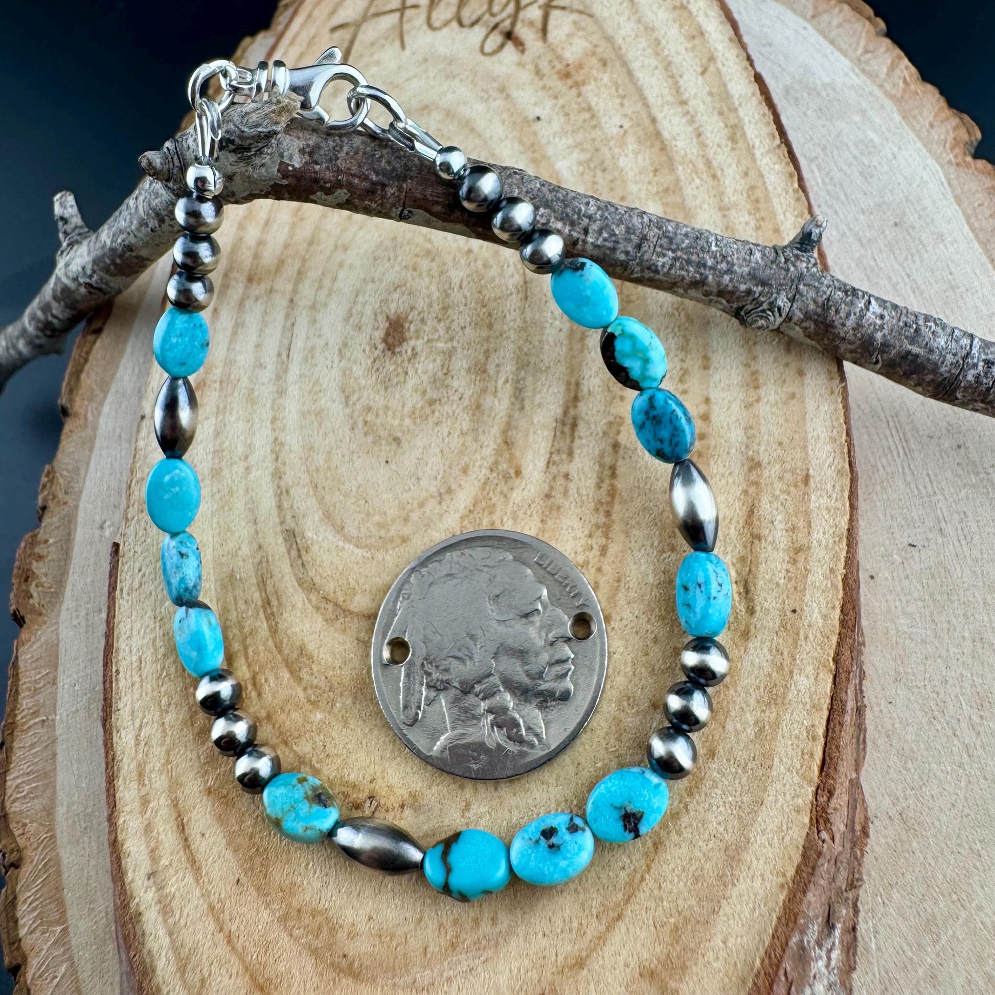 Royston Turquoise & Navajo Pearl Bracelet - Sterling Silver Gemstone Jewelry