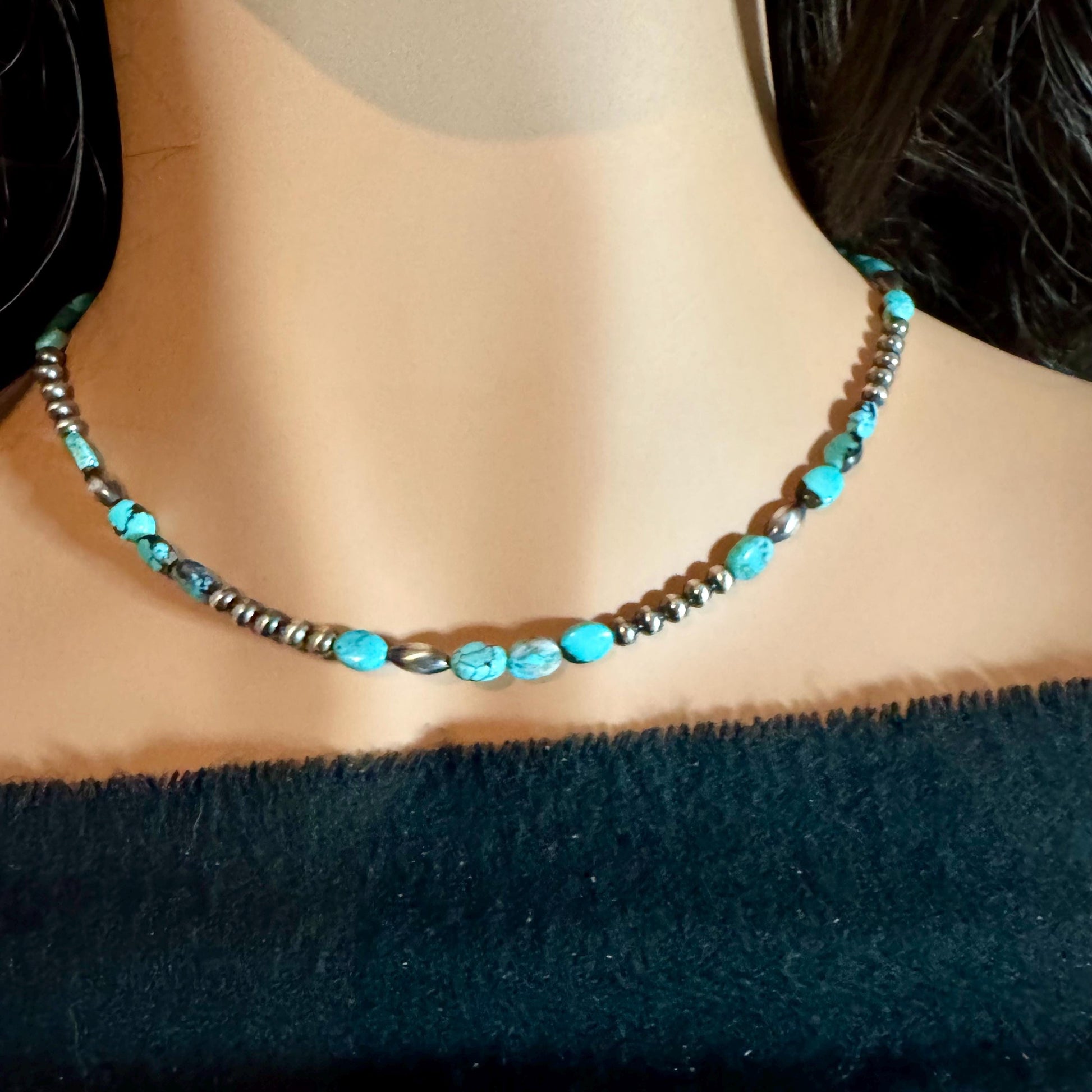 Southwestern Royston Turquoise & Navajo Pearl Choker – Sterling Silver Gemstone