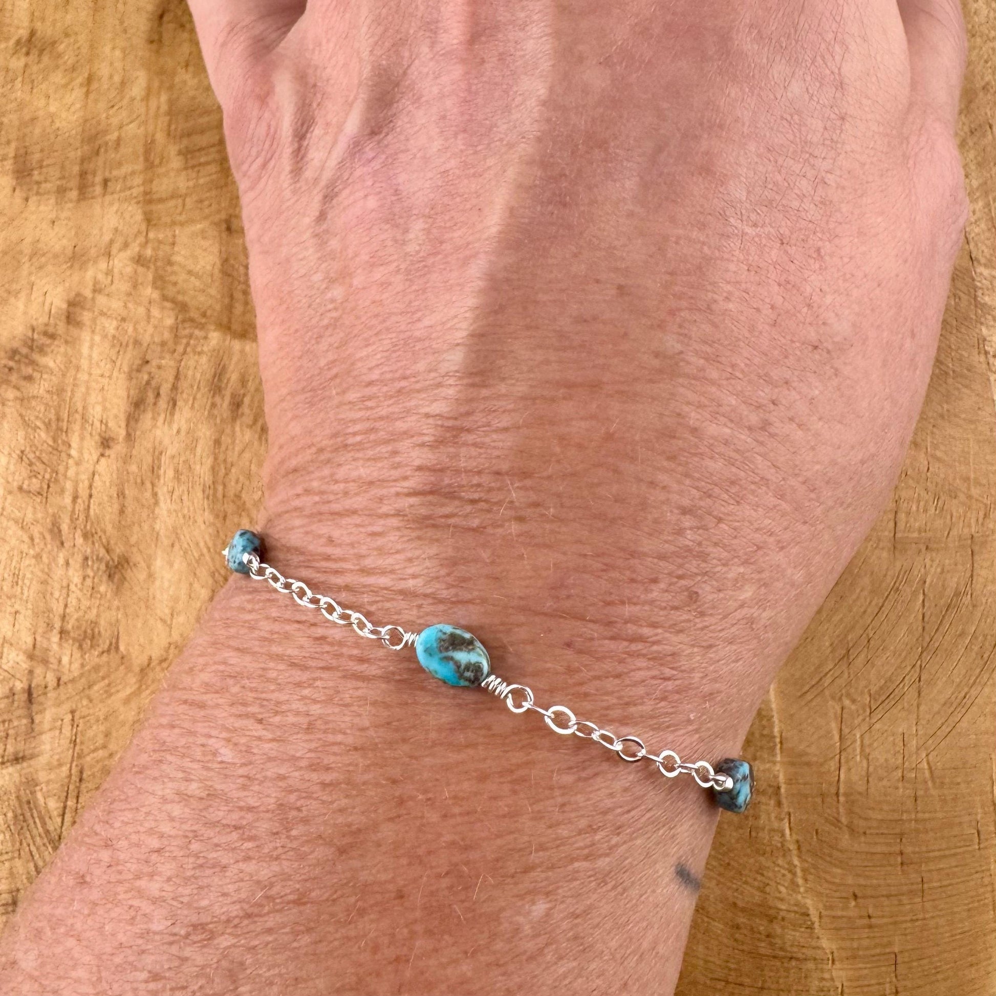 Royston Turquoise Gemstone Bracelet with Sterling Silver Cable Chain