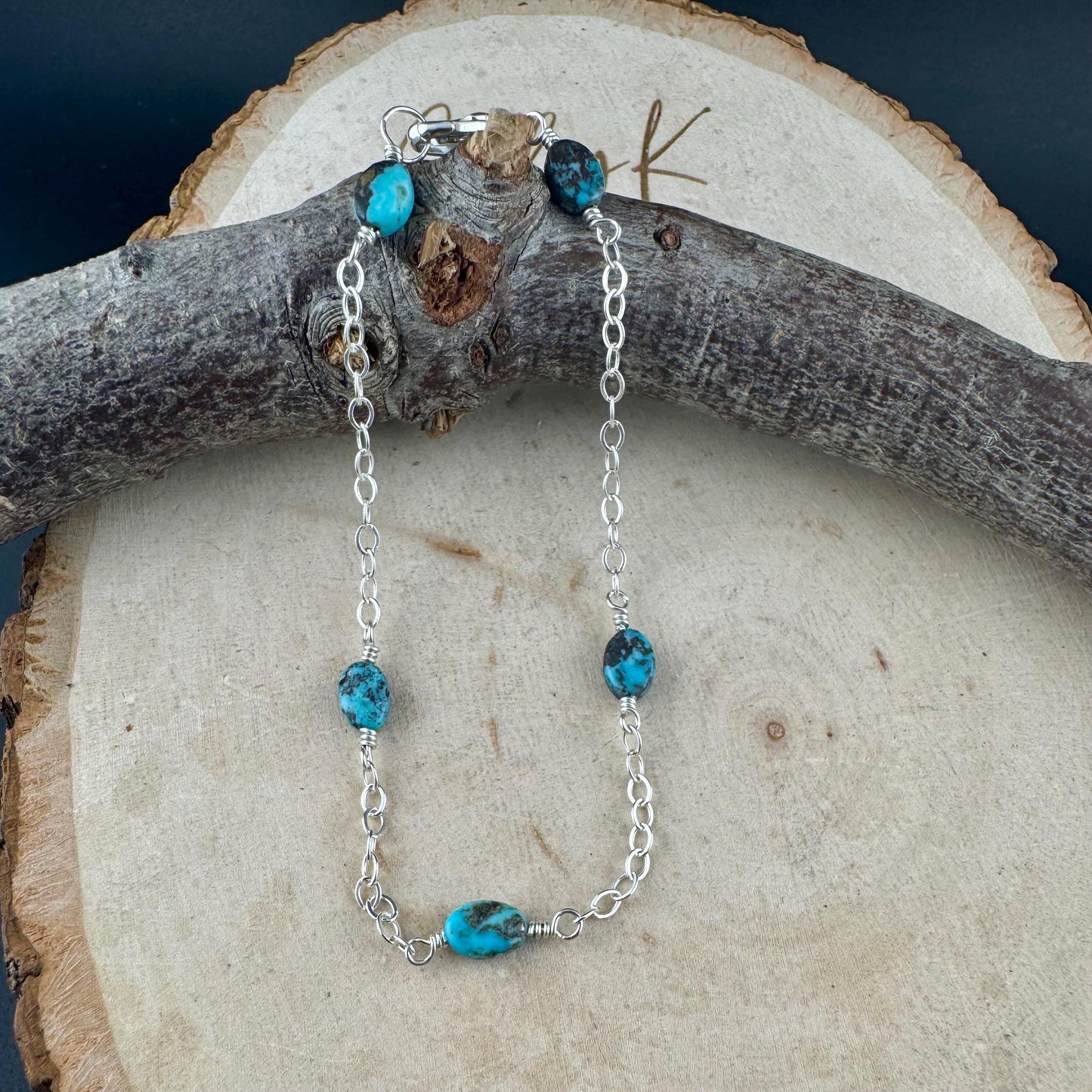 Royston Turquoise Gemstone Bracelet with Sterling Silver Cable Chain