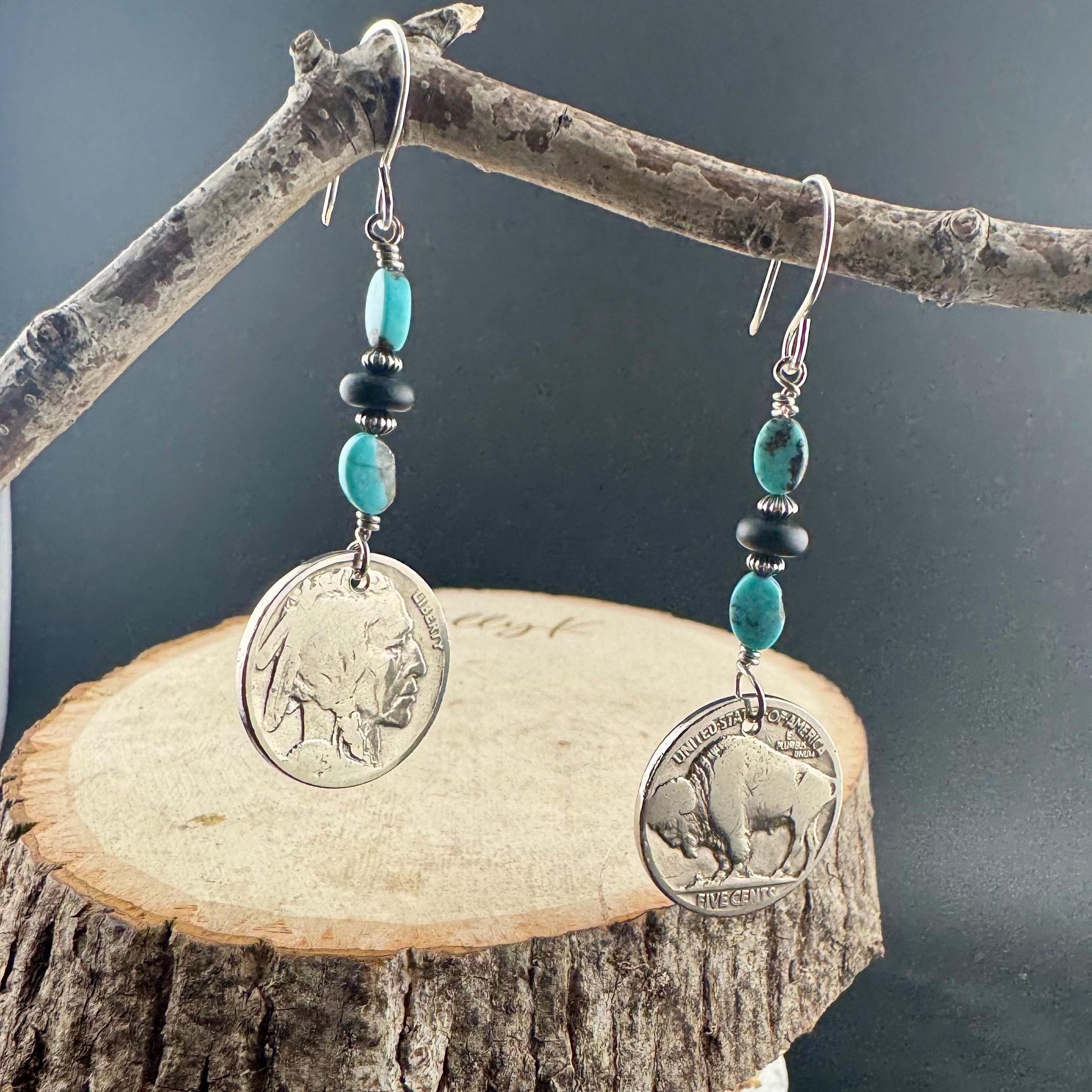 Southwestern Sterling Silver Earrings: Indian Buffalo Nickel, Royston Turquoise & Onyx Accents