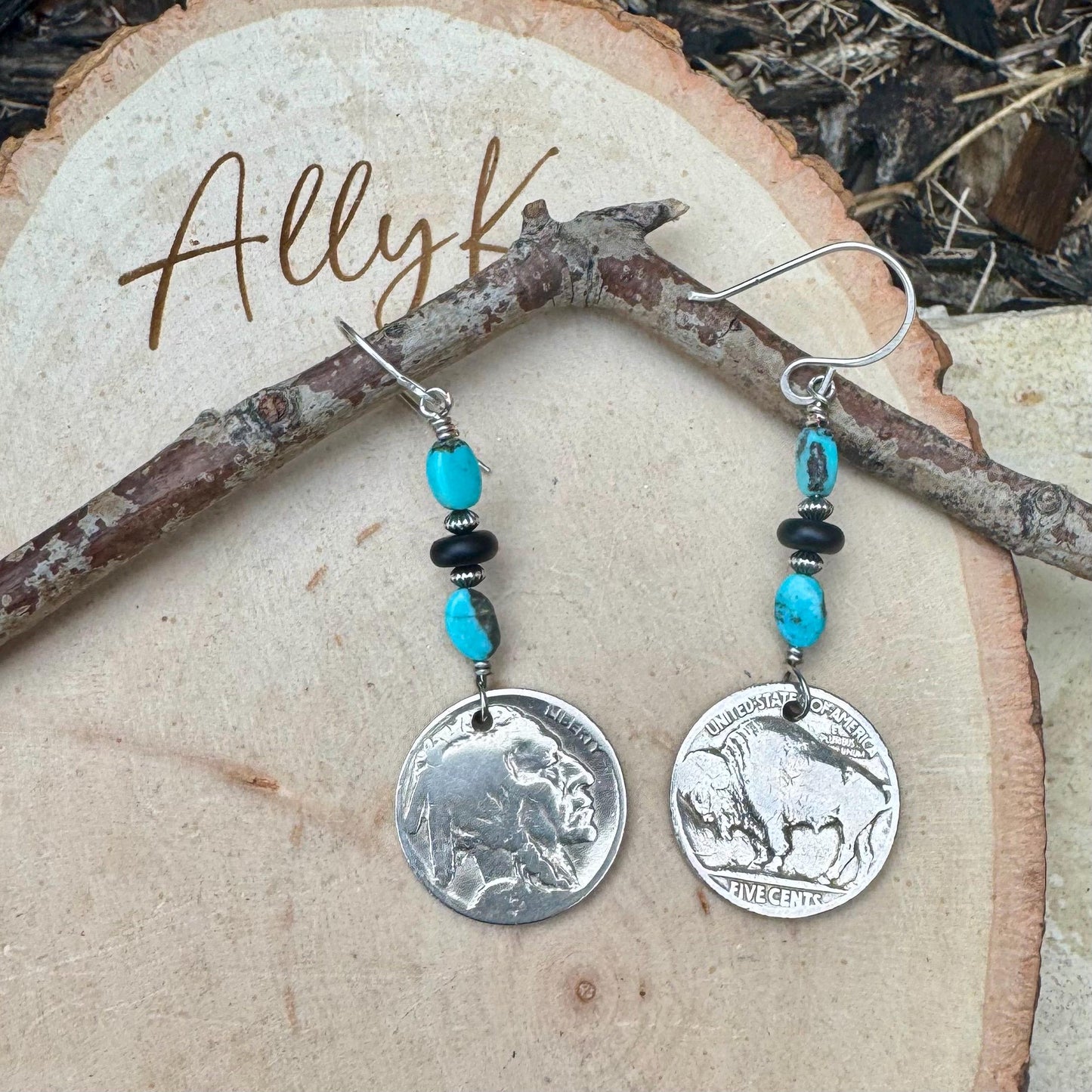 Southwestern Sterling Silver Earrings: Indian Buffalo Nickel, Royston Turquoise & Onyx Accents