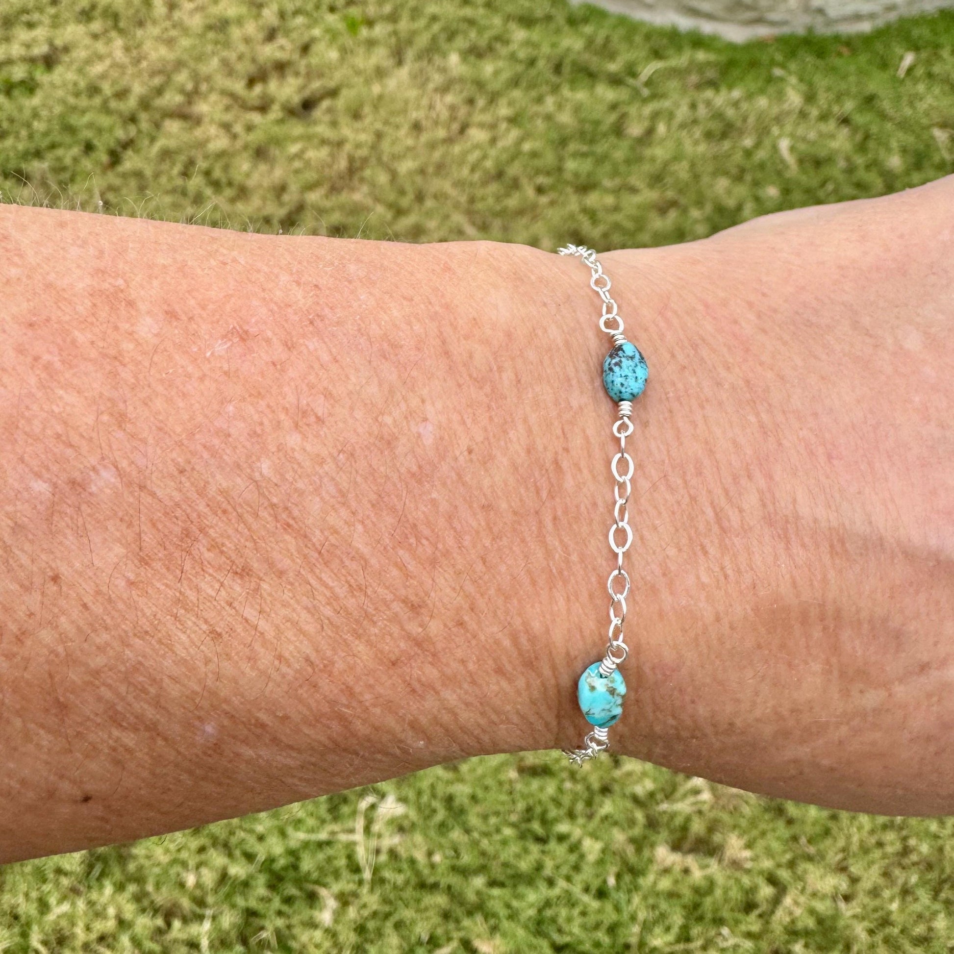 Royston Turquoise Gemstone Bracelet with Sterling Silver Cable Chain