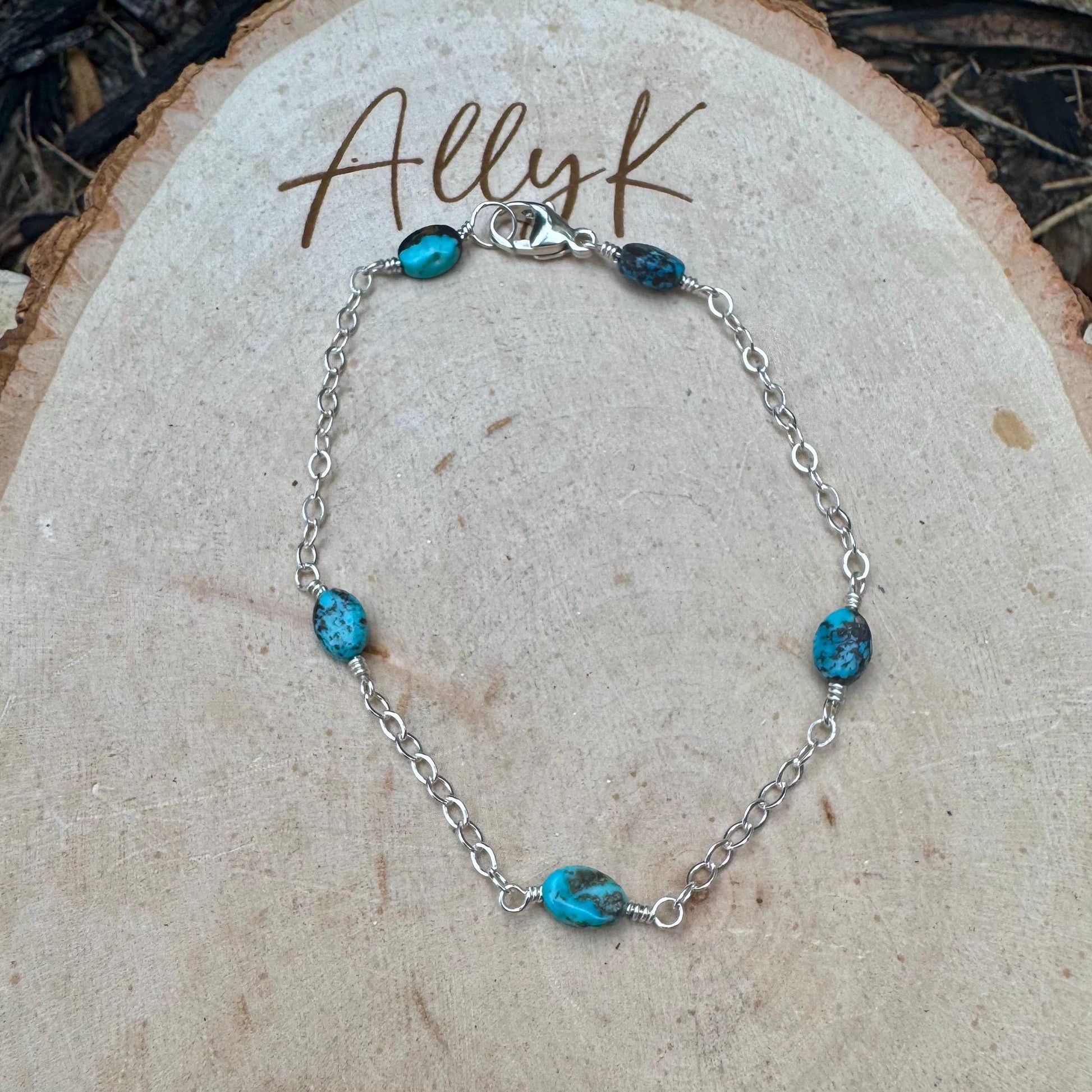 Royston Turquoise Gemstone Bracelet with Sterling Silver Cable Chain