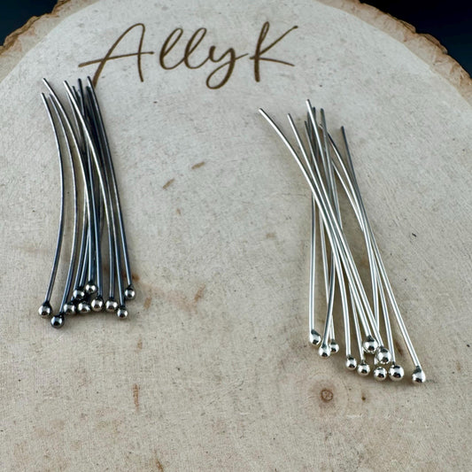 20 Gauge Argentium Silver Ball Headpins - 2 Inch, 10 Pack - Oxidized or Shiny Finish
