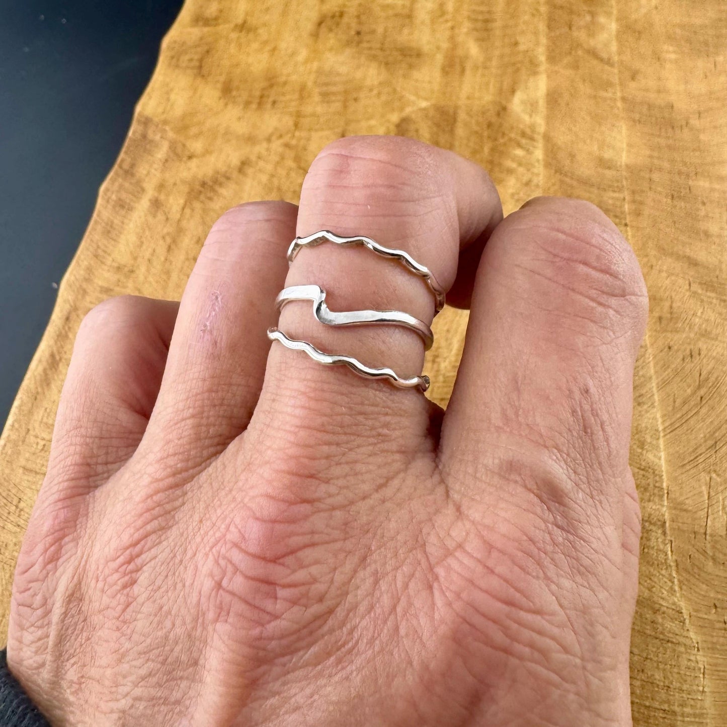 Trio Dainty Sterling Silver Wavy Ring Set | Minimalist Metal Rings for Everyday Wear