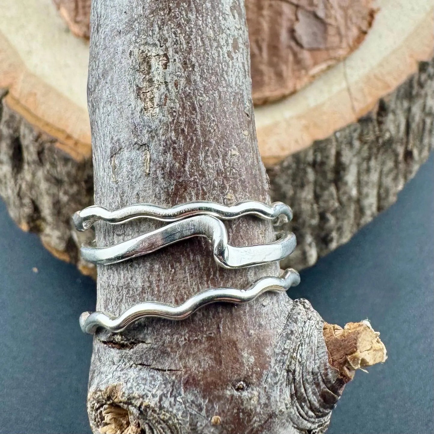 Trio Dainty Sterling Silver Wavy Ring Set | Minimalist Metal Rings for Everyday Wear