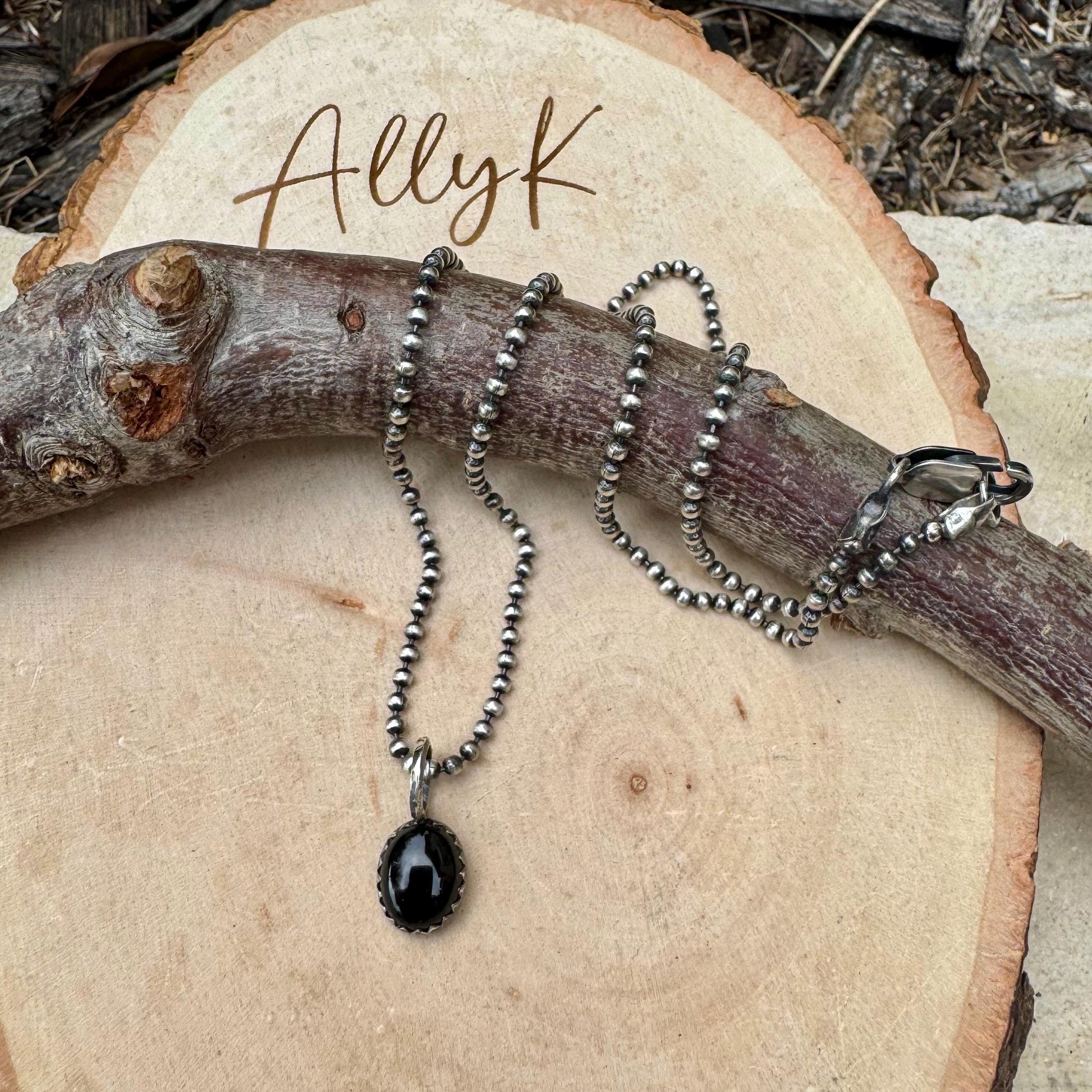 Black Onyx Bezel Pendant Necklace – Sterling Silver Boho Jewelry