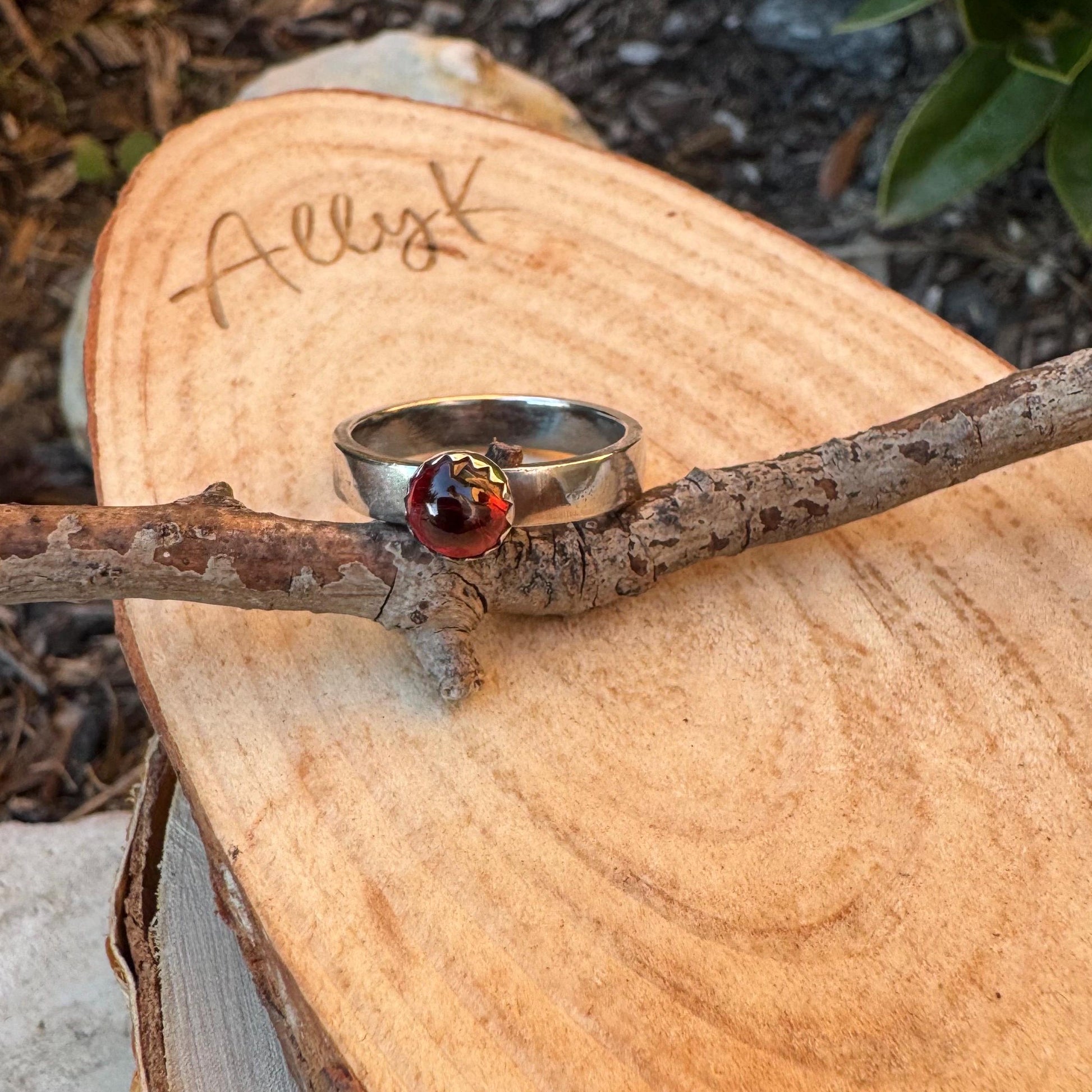 Sterling Silver Garnet Gemstone Band Ring - Hammered or Smooth Finish