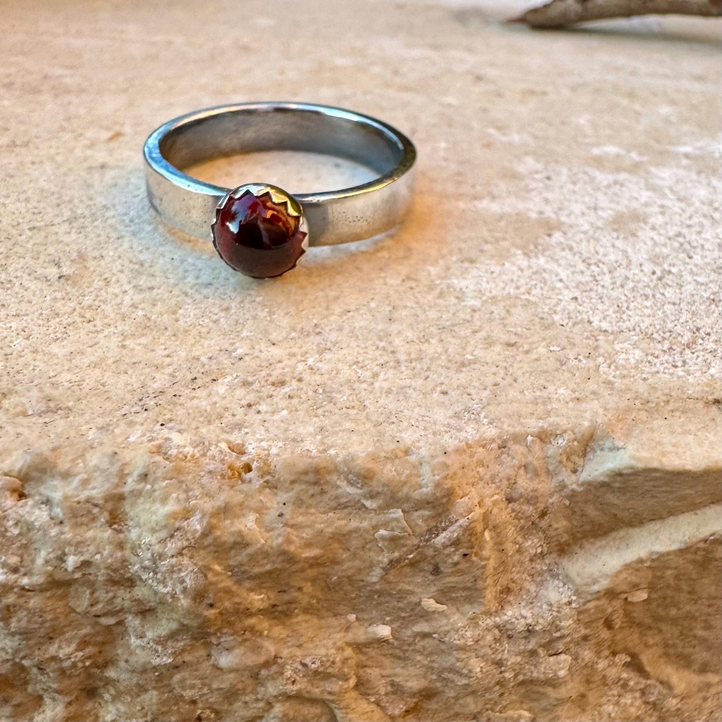 Sterling Silver Garnet Gemstone Band Ring - Hammered or Smooth Finish