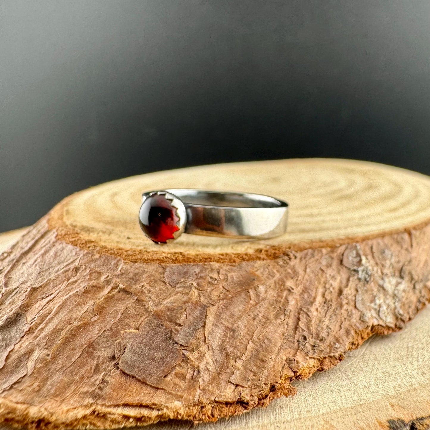 Sterling Silver Garnet Gemstone Band Ring - Hammered or Smooth Finish