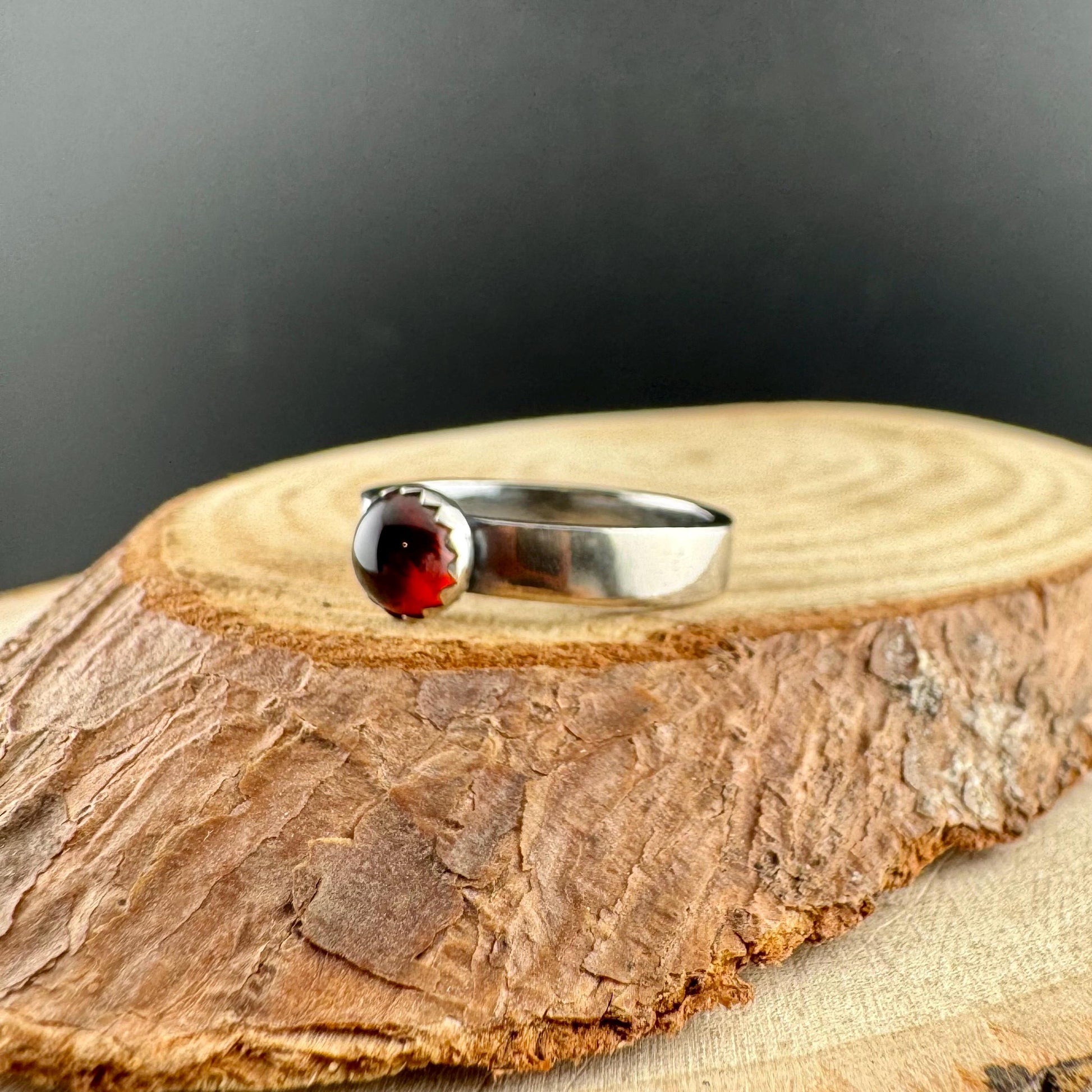 Sterling Silver Garnet Gemstone Band Ring - Hammered or Smooth Finish