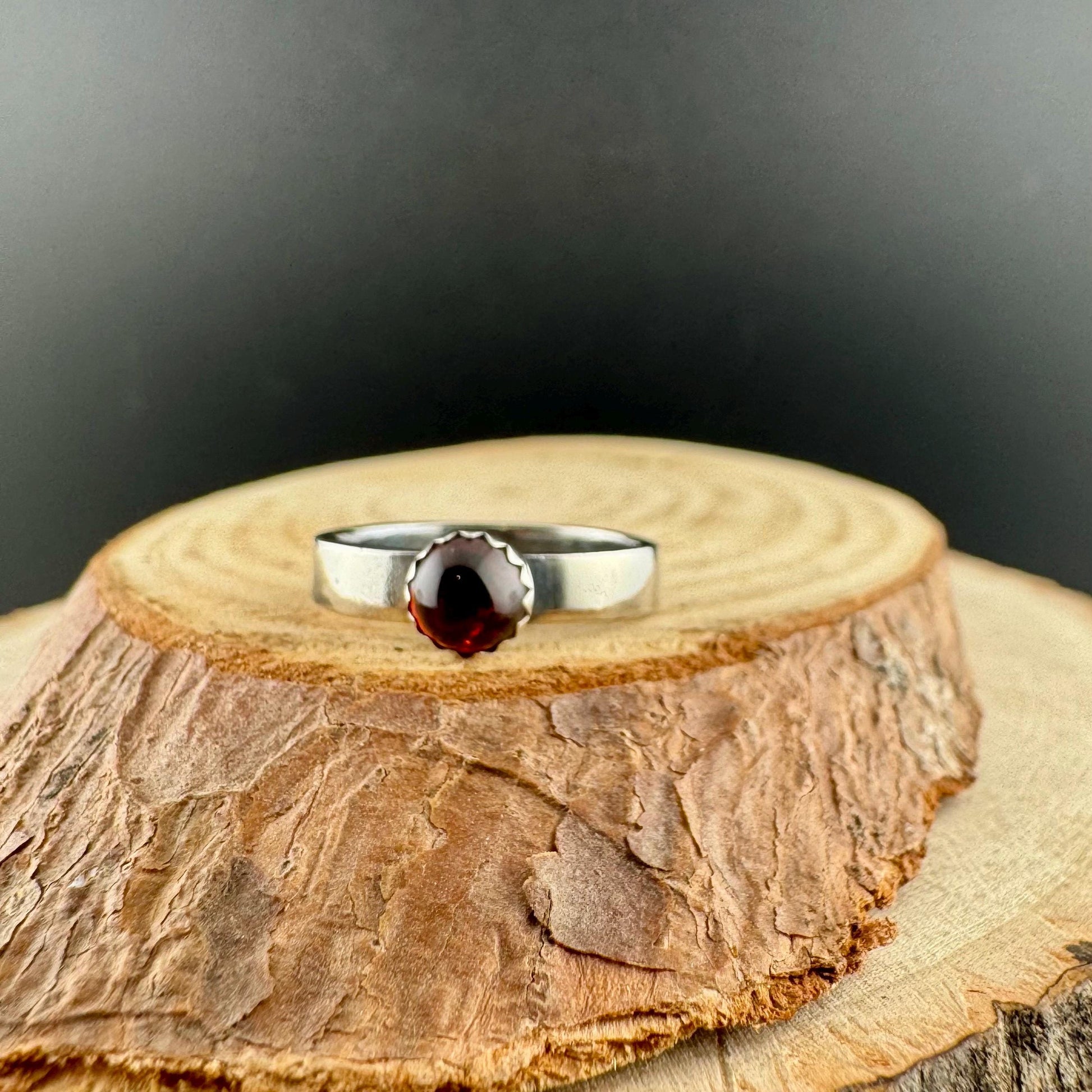 Sterling Silver Garnet Gemstone Band Ring - Hammered or Smooth Finish