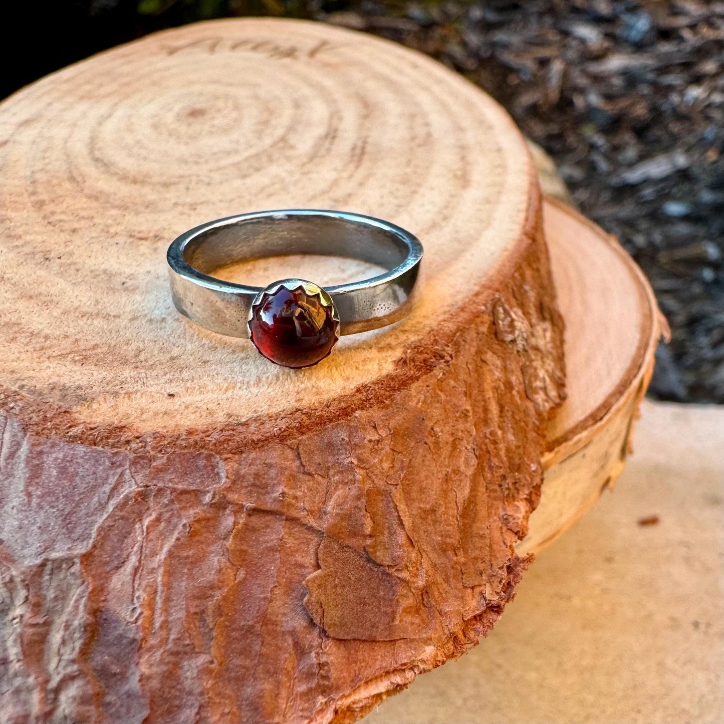 Sterling Silver Garnet Gemstone Band Ring - Hammered or Smooth Finish