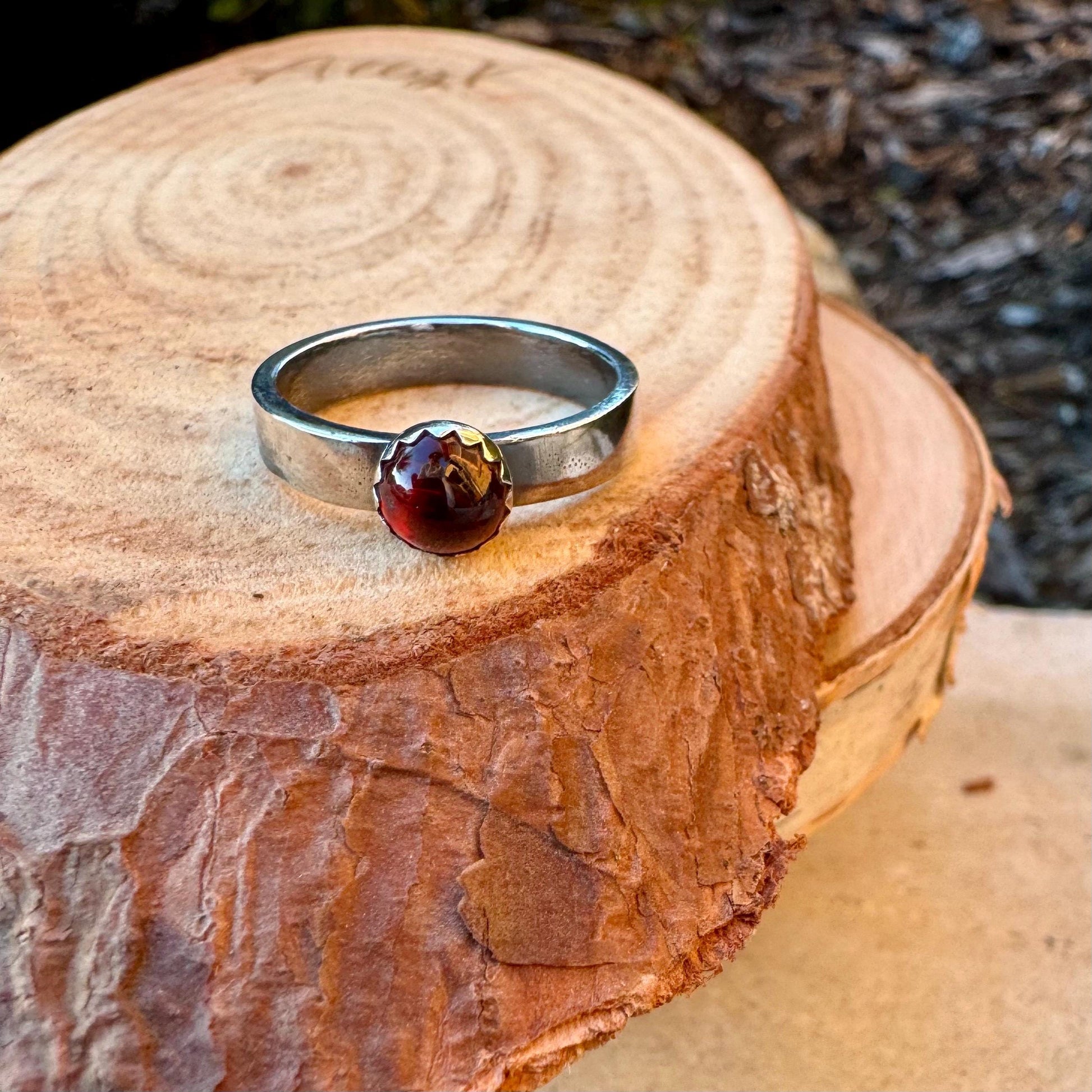 Sterling Silver Garnet Gemstone Band Ring - Hammered or Smooth Finish