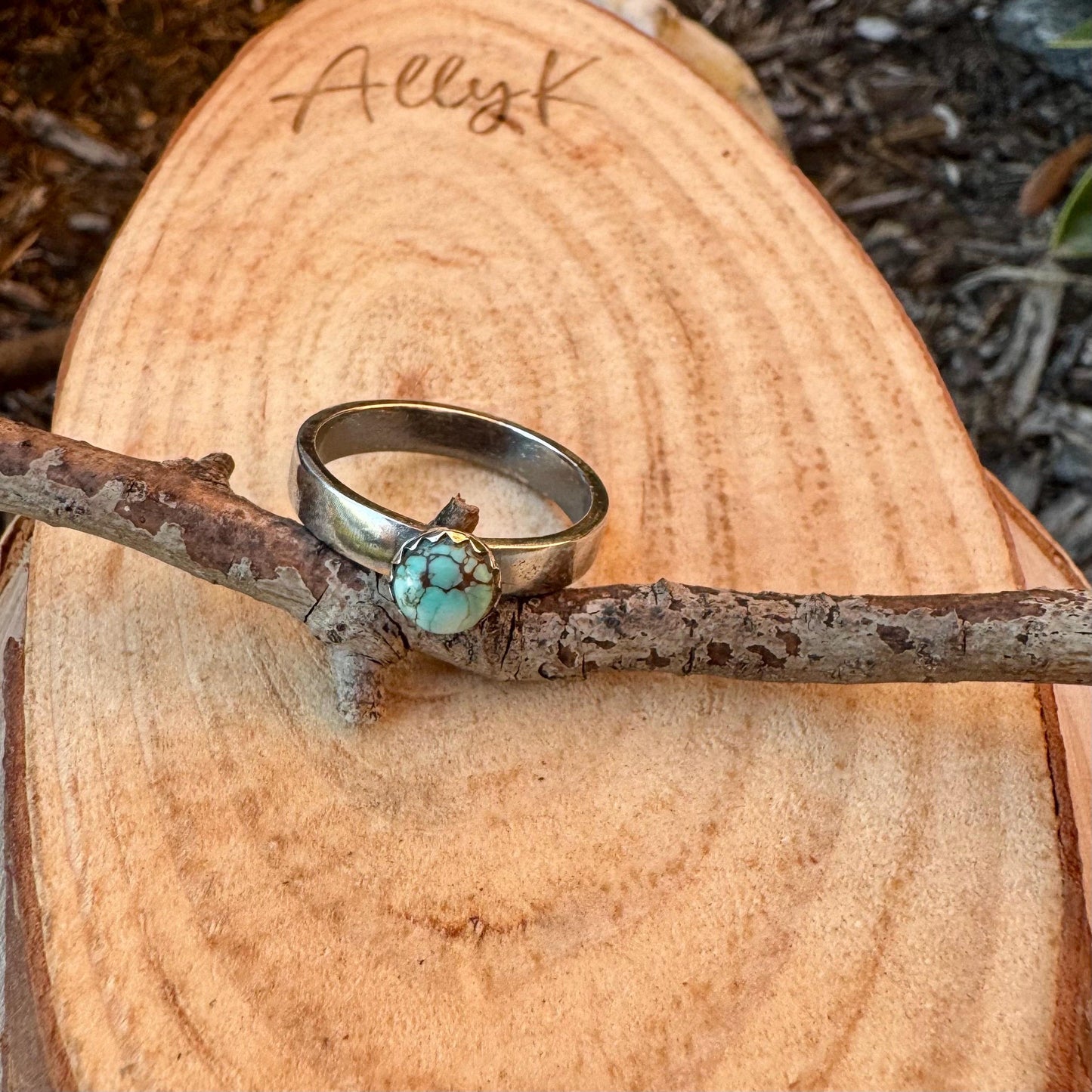 Sterling Silver Royston Turquoise Band Ring - Hammered or Smooth Finish