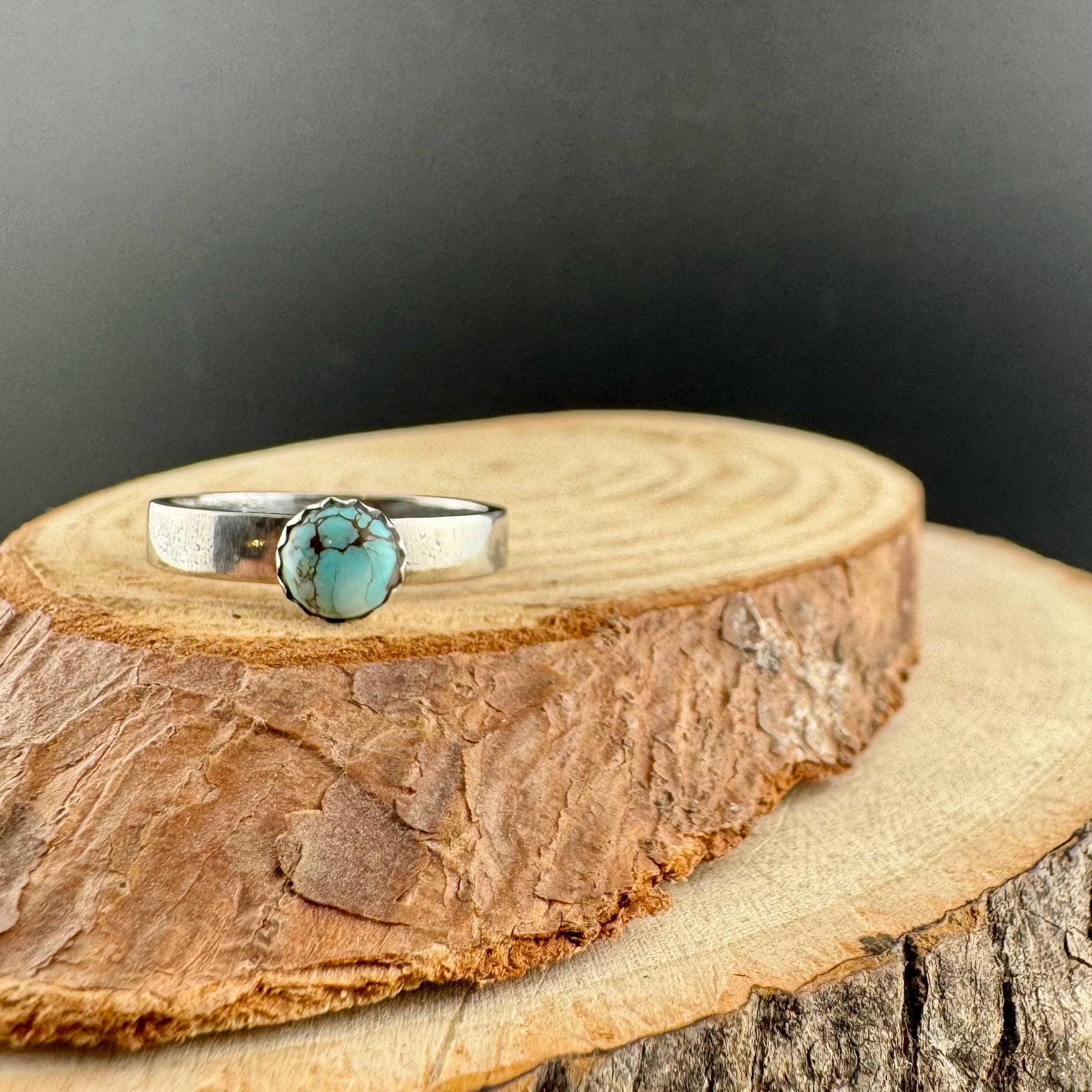 Sterling Silver Royston Turquoise Band Ring - Hammered or Smooth Finish