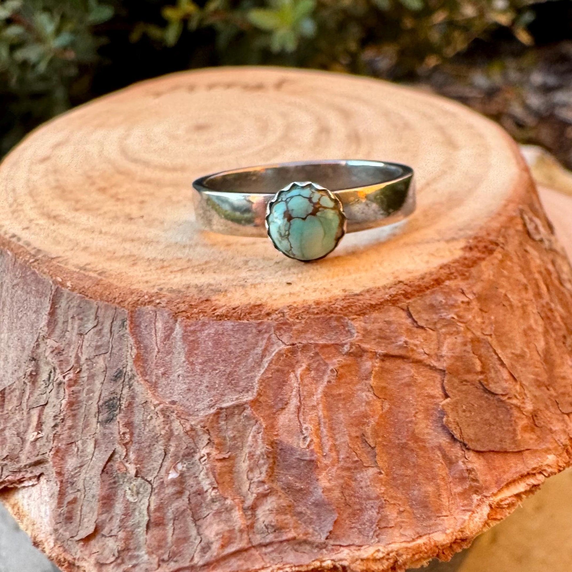Sterling Silver Royston Turquoise Band Ring - Hammered or Smooth Finish