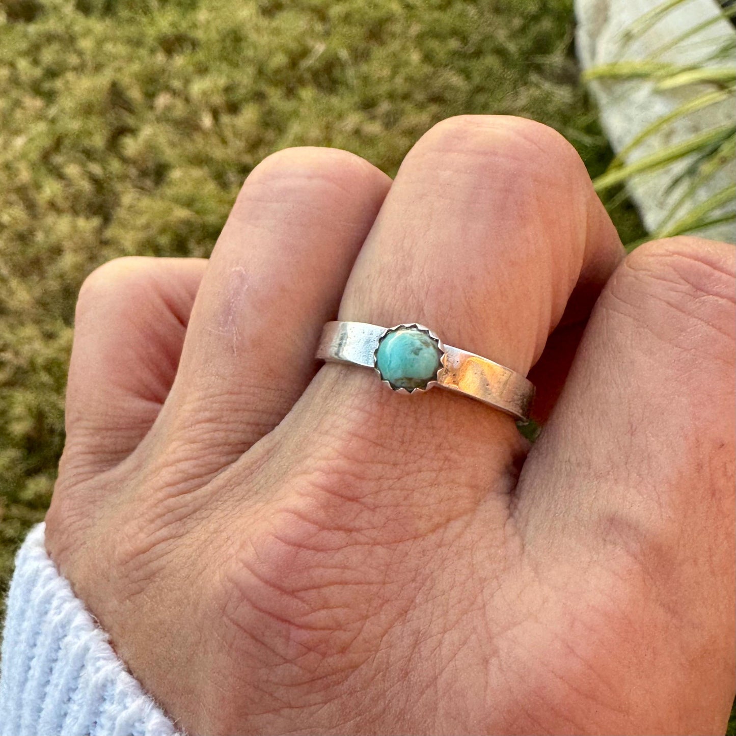 Sterling Silver Kingman Turquoise Band Ring - Hammered or Smooth Finish