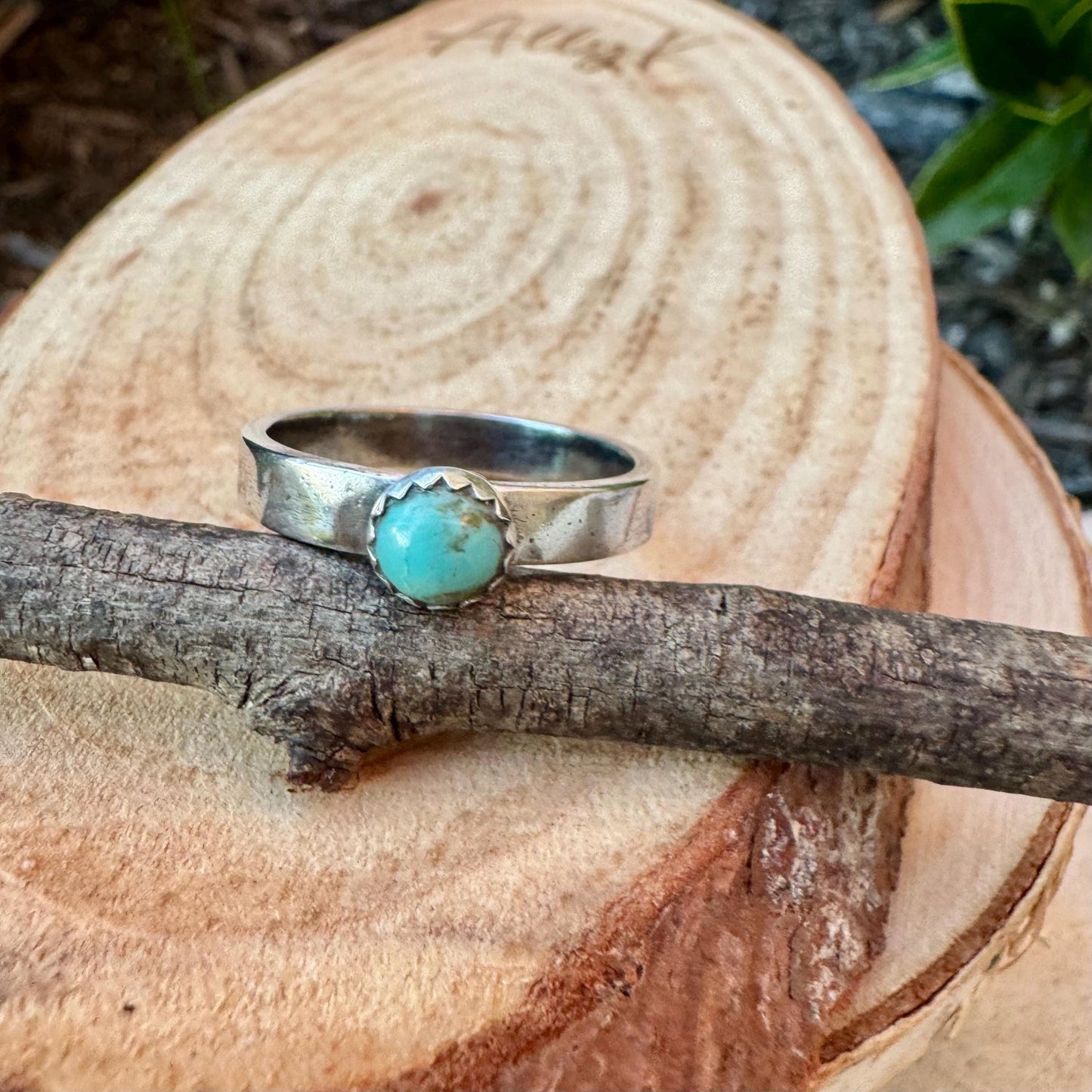 Sterling Silver Kingman Turquoise Band Ring - Hammered or Smooth Finish