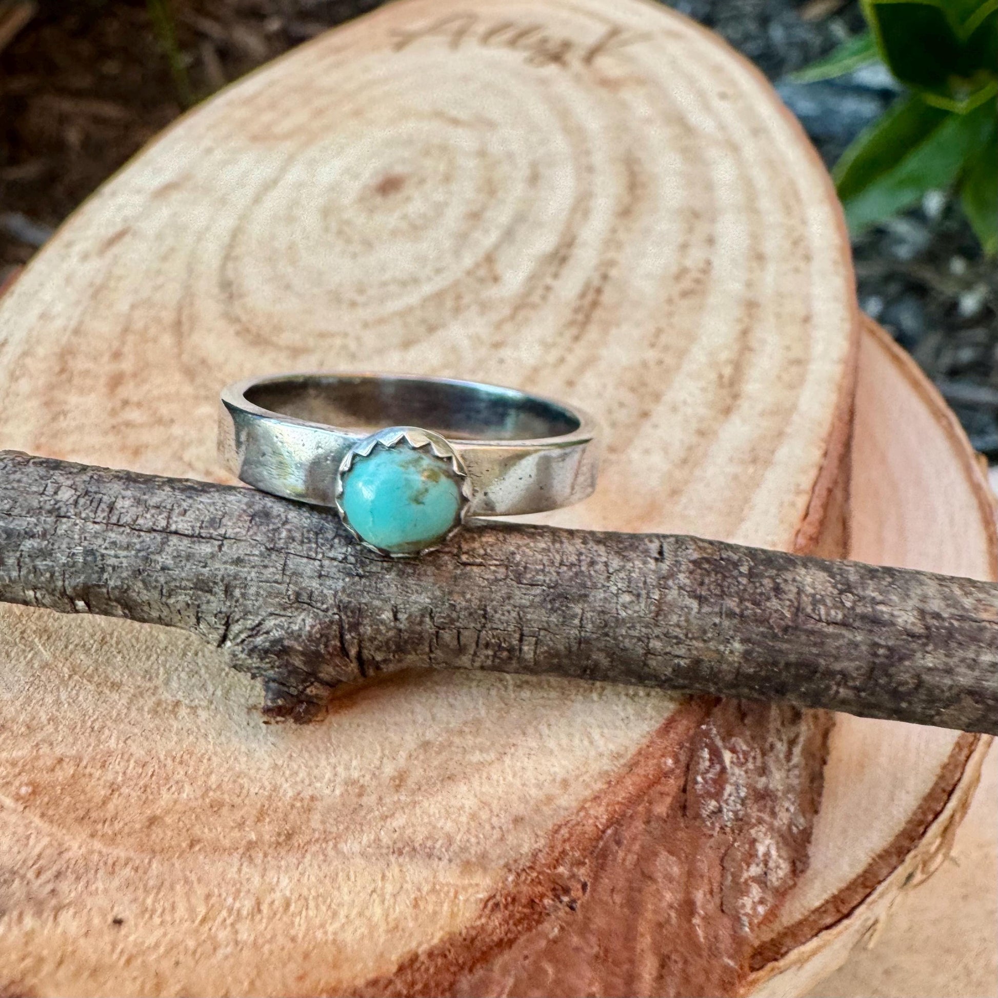 Sterling Silver Kingman Turquoise Band Ring - Hammered or Smooth Finish
