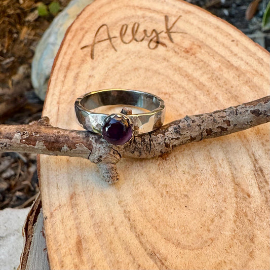 Sterling Silver Amethyst Gemstone Band Ring - Hammered or Smooth Finish
