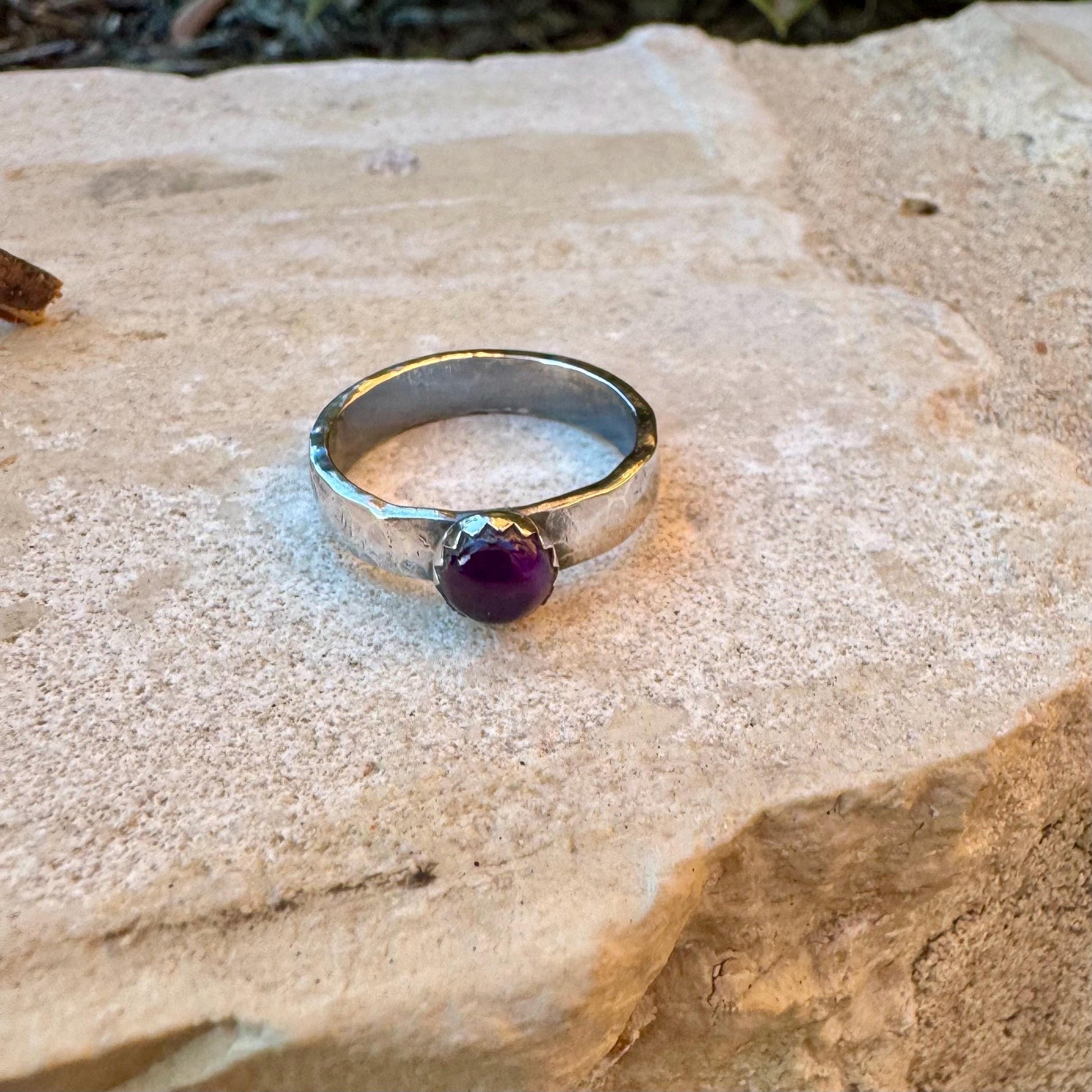 Sterling Silver Amethyst Gemstone Band Ring - Hammered or Smooth Finish