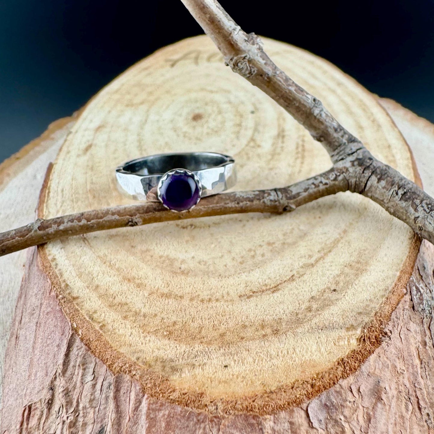Sterling Silver Amethyst Gemstone Band Ring - Hammered or Smooth Finish
