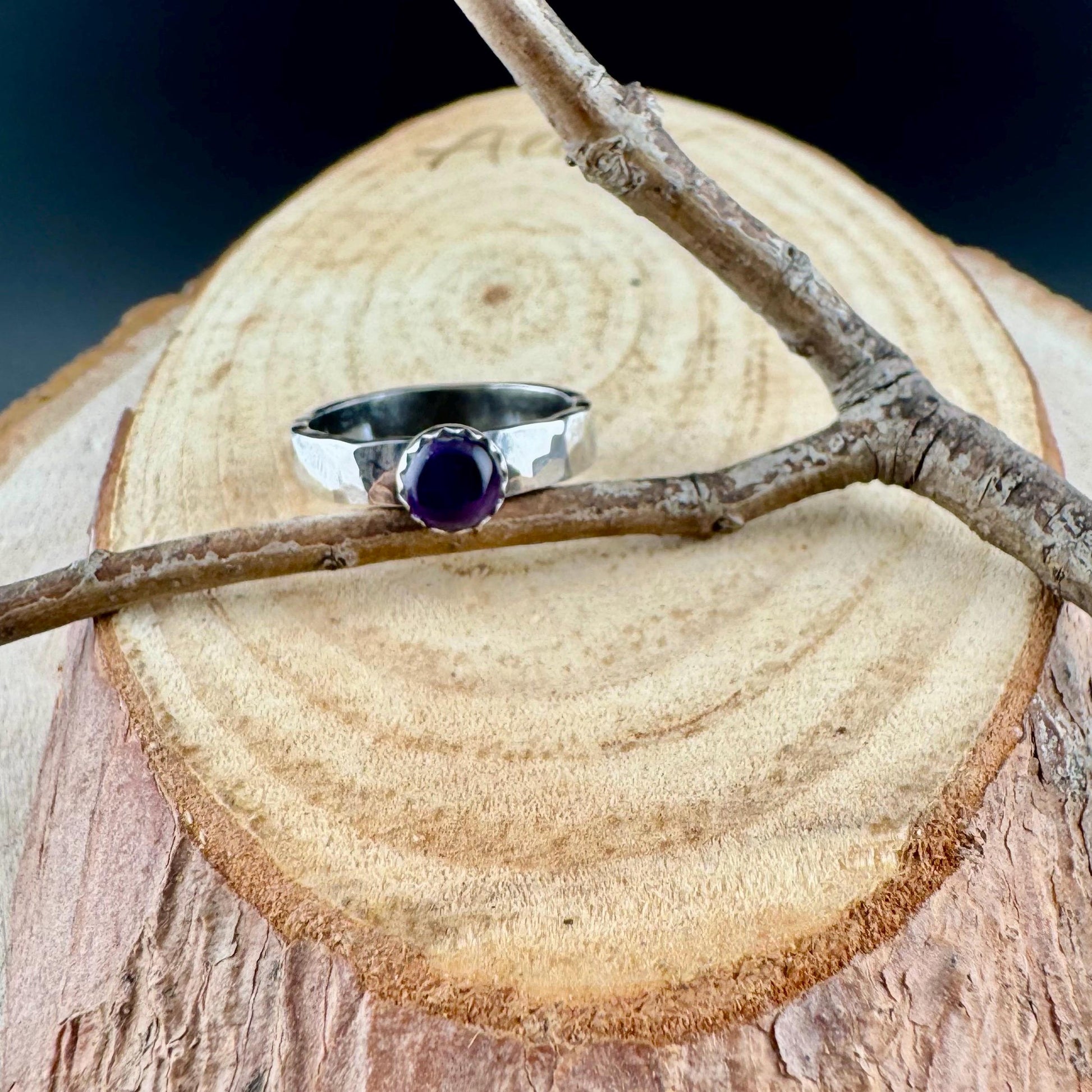Sterling Silver Amethyst Gemstone Band Ring - Hammered or Smooth Finish