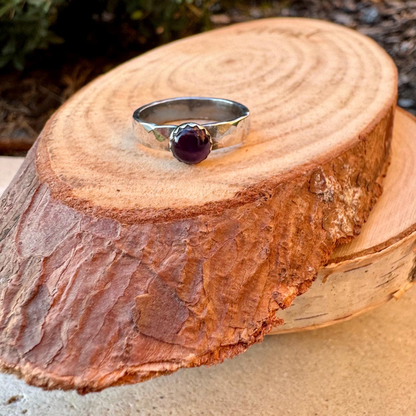 Sterling Silver Amethyst Gemstone Band Ring - Hammered or Smooth Finish