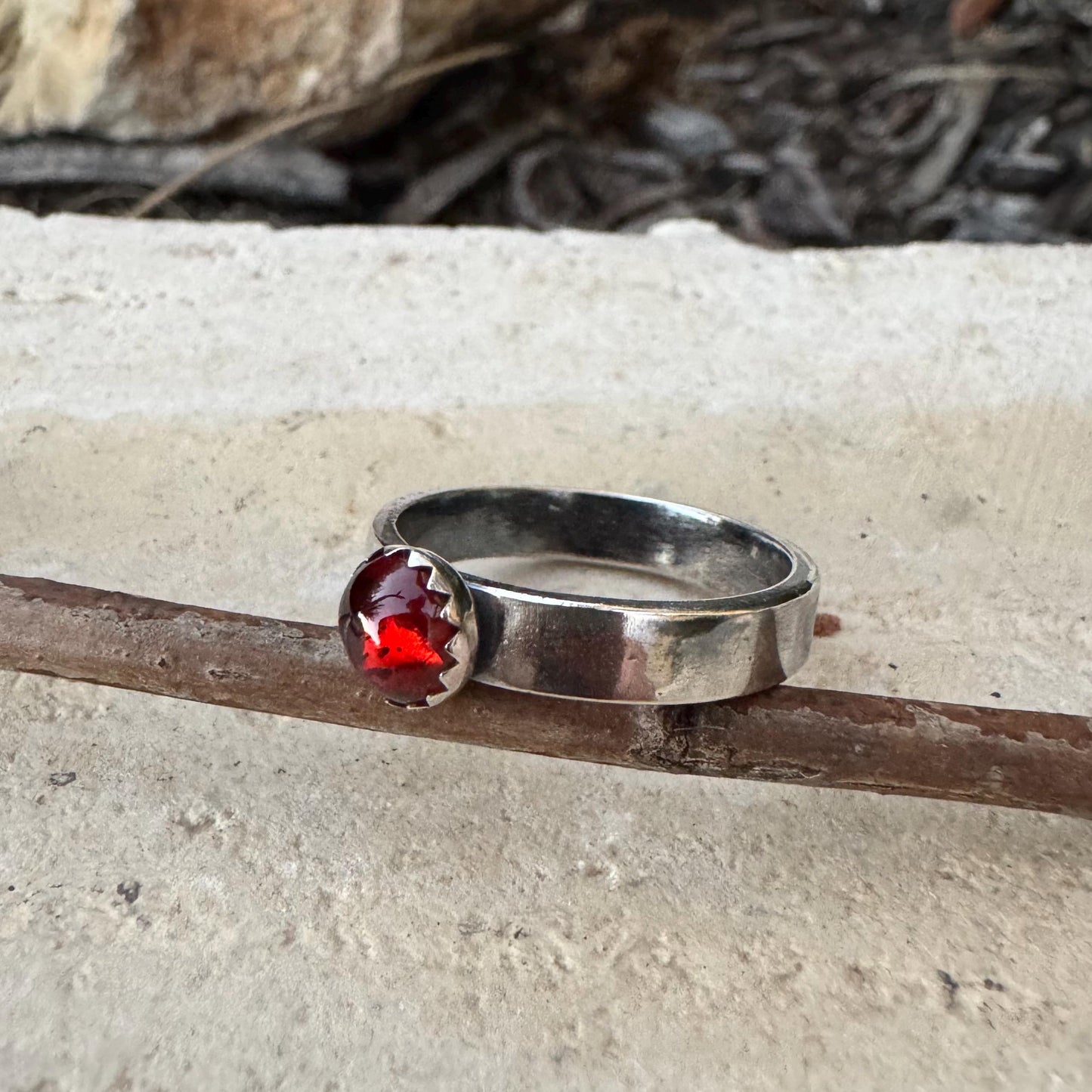 Sterling Silver Garnet Gemstone Band Ring - Hammered or Smooth Finish