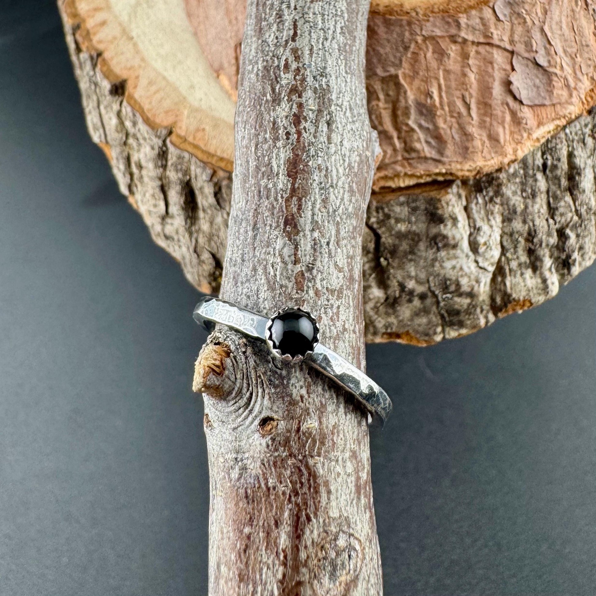 Sterling Silver Onyx Bezel Dainty Band Ring - Hammered or Smooth Finish