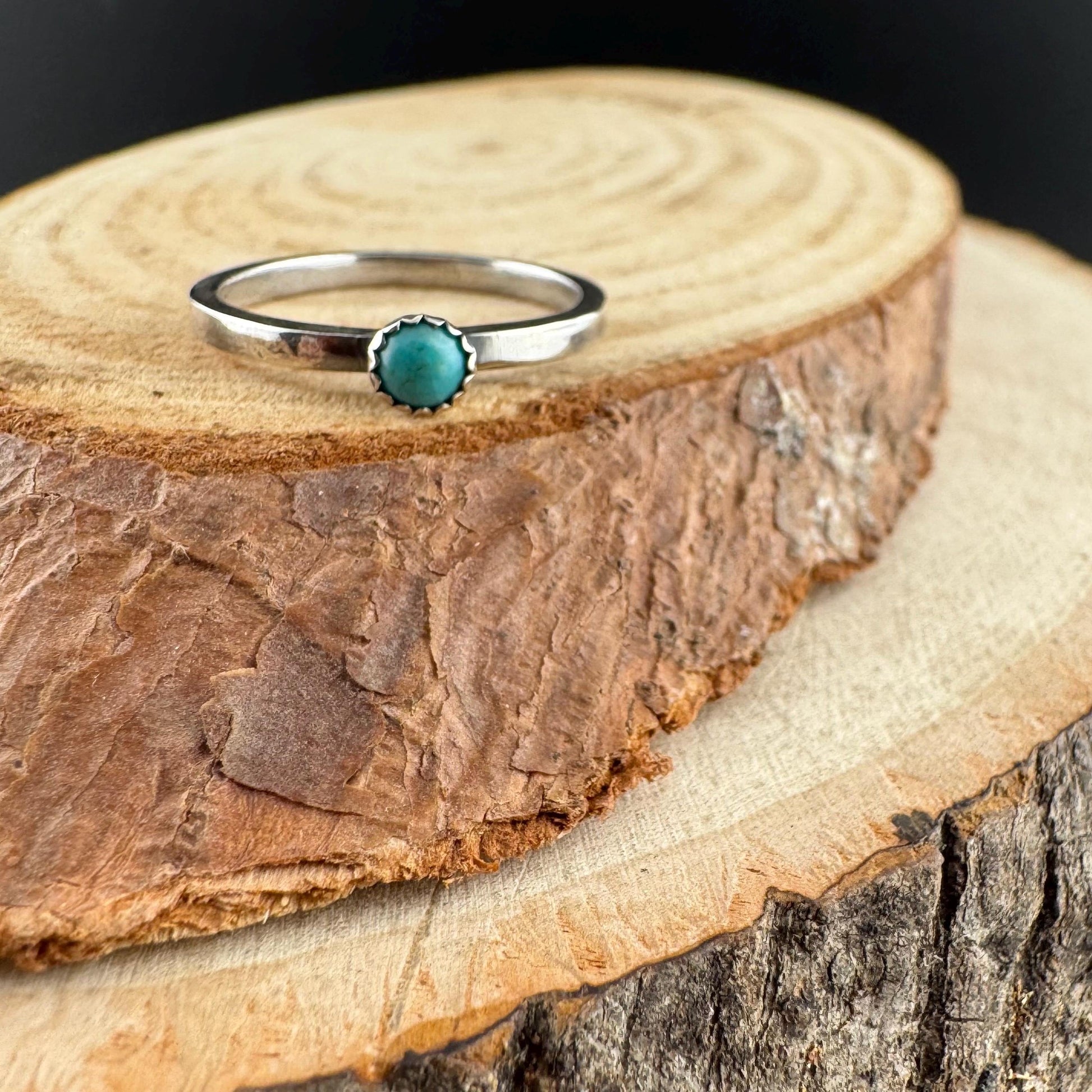 Sterling Silver Kingman Turquoise Dainty Band Ring - Hammered or Smooth Finish