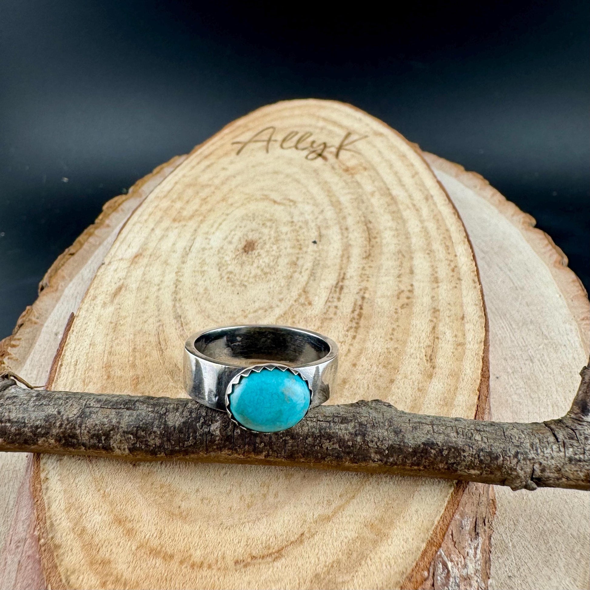Sterling Silver Kingman Turquoise Bezel Band Ring - Hammered or Smooth Finish